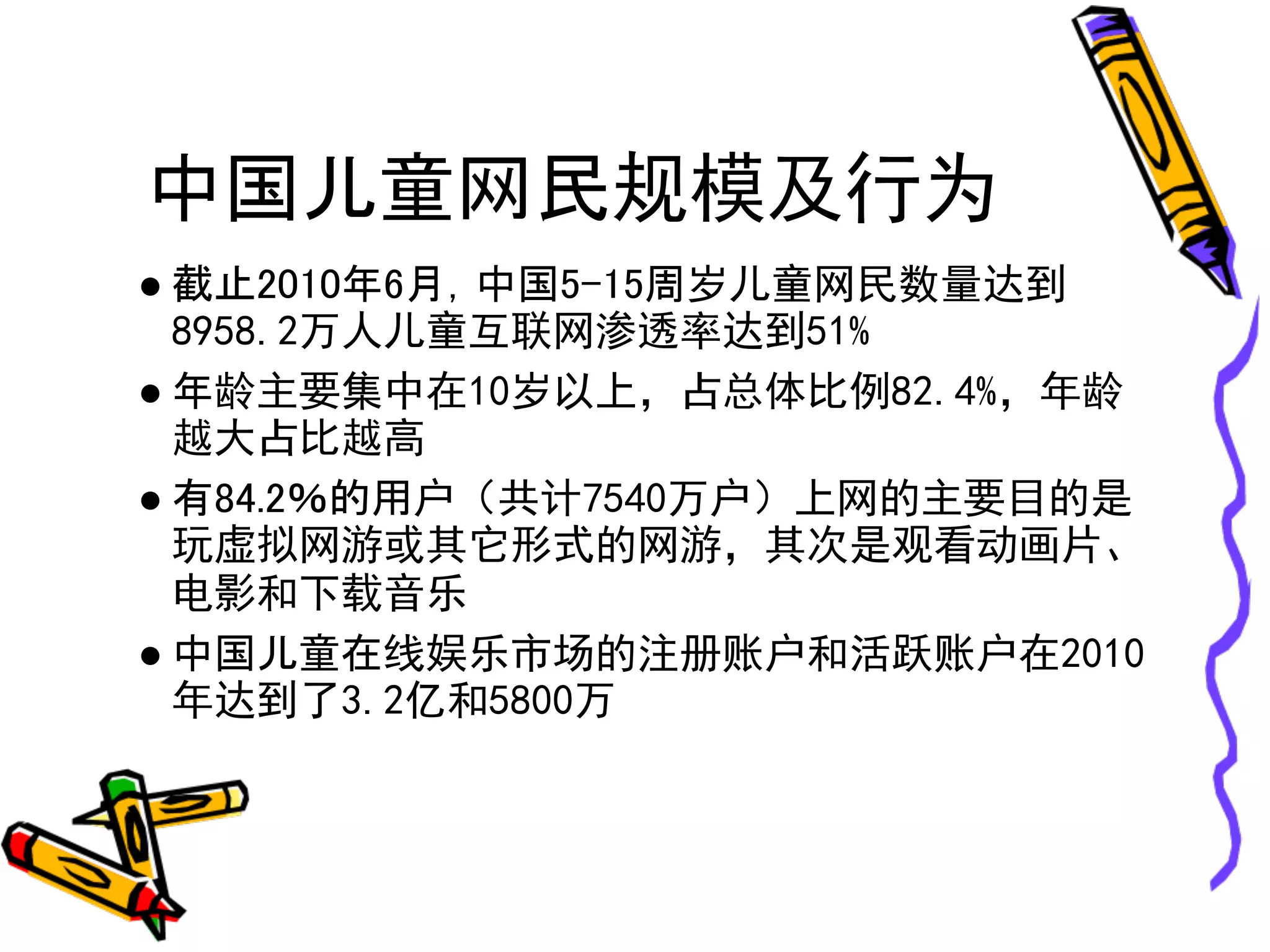 中国儿童网民规模及行为
● 截止2010年6月，中国5-15周岁儿童网民数量达到
  8958.2万人儿童互联网渗透率达到51%
● 年龄主要集中在10岁以上，占总体比例82.4%，年龄
  越大占比越高
● 有84.2％的用户（共计7540万户）上网的主要目的是
  玩虚拟网游或其它形式的网游，其次是观看动画片、
  电影和下载音乐
● 中国儿童在线娱乐市场的注册账户和活跃账户在2010
  年达到了3.2亿和5800万
 