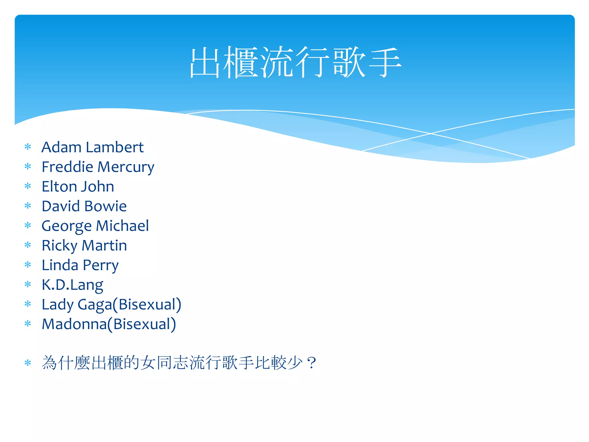 Adam LambertFreddie MercuryElton JohnDavid BowieGeorge MichaelRicky MartinLinda PerryK.D.LangLady Gaga(Bisexual)Madonna(Bisexual)為什麼出櫃的女同志流行歌手比較少？出櫃流行歌手