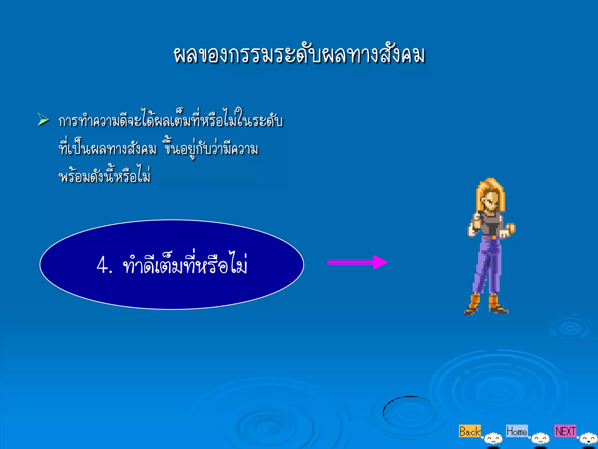 ผลของกรรมระดับผลทางสังคม
   การทาความดีจะได้ผลเต็มที่หรือไม่ในระดับ
    ที่เป็นผลทางสังคม ขึ้นอยู่กับว่ามีความ
    พร้อมดังนี้หรือไม่


          4. ทาดีเต็มที่หรือไม่
 