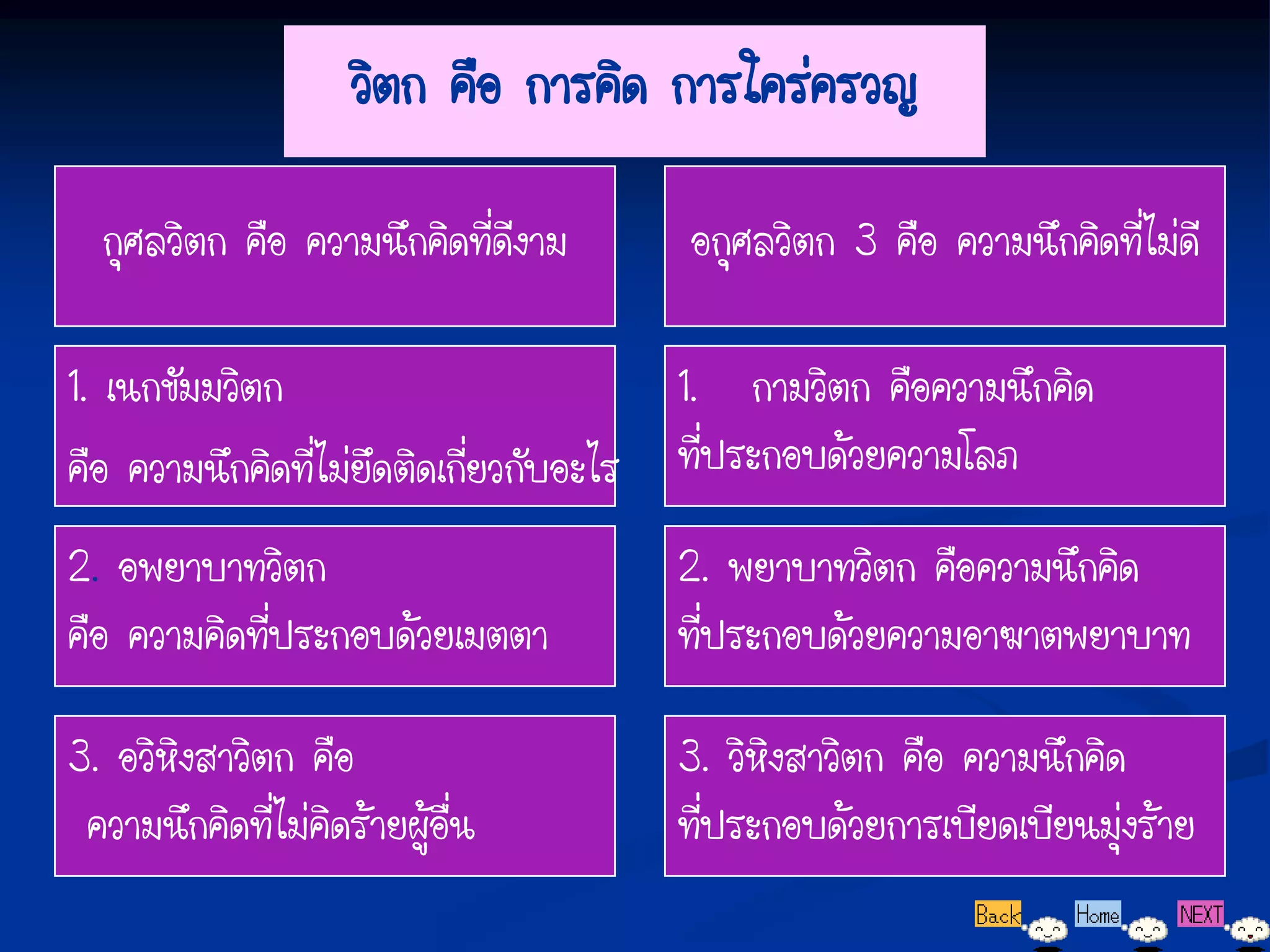 วิตก คือ การคิด การใคร่ครวญ

  กุศลวิตก คือ ความนึกคิดที่ดีงาม         อกุศลวิตก 3 คือ ความนึกคิดที่ไม่ดี

1. เนกขัมมวิตก                            1. กามวิตก คือความนึกคิด
คือ ความนึกคิดที่ไม่ยึดติดเกี่ยวกับอะไร   ที่ประกอบด้วยความโลภ
2. อพยาบาทวิตก                            2. พยาบาทวิตก คือความนึกคิด
คือ ความคิดที่ประกอบด้วยเมตตา             ที่ประกอบด้วยความอาฆาตพยาบาท

3. อวิหิงสาวิตก คือ                       3. วิหิงสาวิตก คือ ความนึกคิด
 ความนึกคิดที่ไม่คิดร้ายผู้อื่น           ที่ประกอบด้วยการเบียดเบียนมุ่งร้าย
 