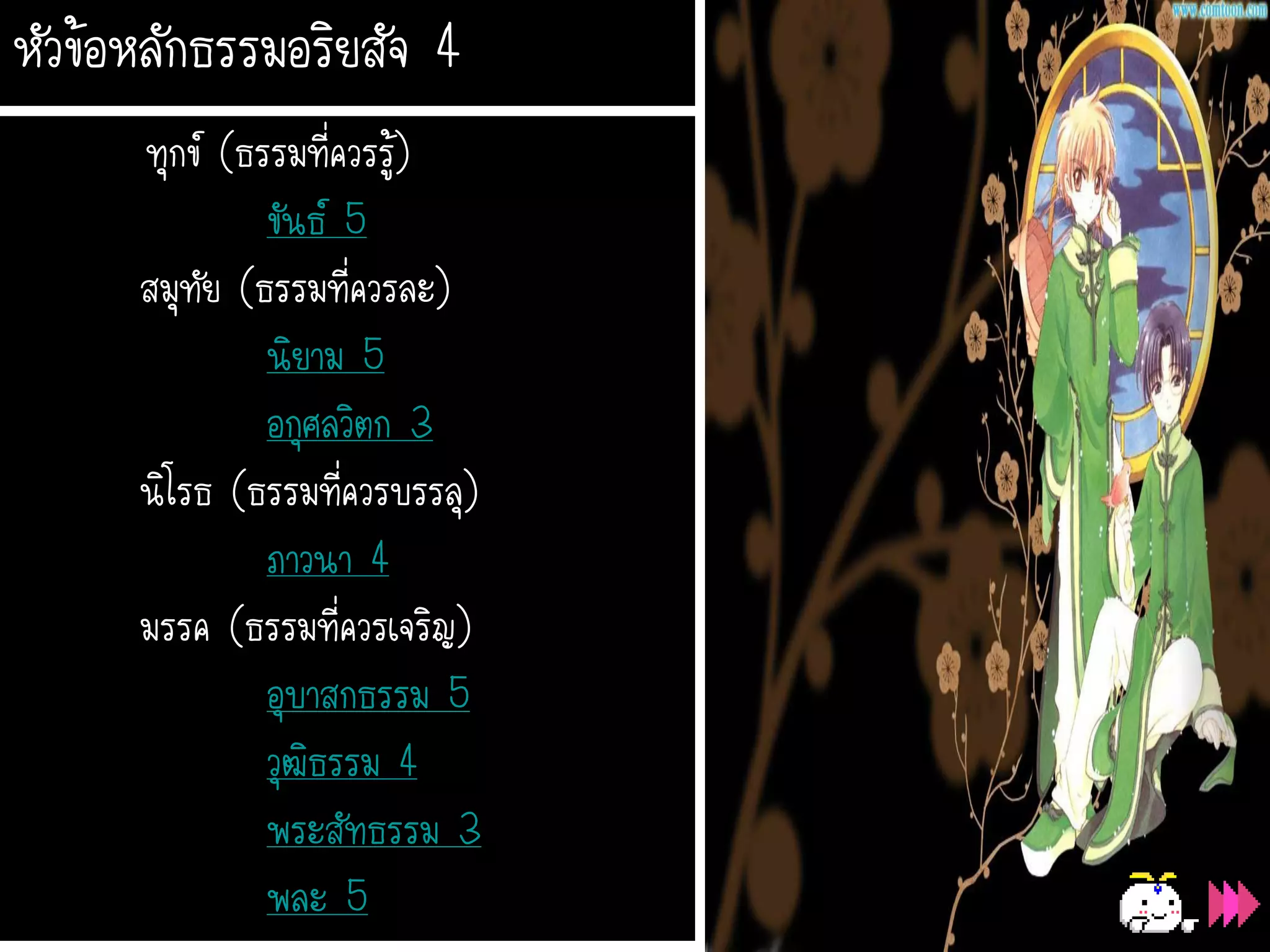 หัวข้อหลักธรรมอริยสัจ 4
      ทุกข์ (ธรรมที่ควรรู้)
               ขันธ์ 5
      สมุทัย (ธรรมที่ควรละ)
               นิยาม 5
               อกุศลวิตก 3
      นิโรธ (ธรรมทีควรบรรลุ)
                     ่
               ภาวนา 4
      มรรค (ธรรมที่ควรเจริญ)
               อุบาสกธรรม 5
               วุฒิธรรม 4
               พระสัทธรรม 3
               พละ 5
 