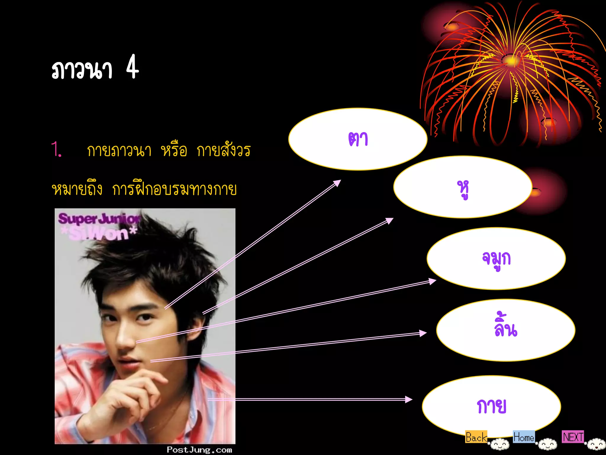 ภาวนา 4
1. กายภาวนา หรือ กายสังวร   ตา
หมายถึง การฝึกอบรมทางกาย         หู

                                      จมูก

                                       ลิน
                                         ้

                                      กาย
 