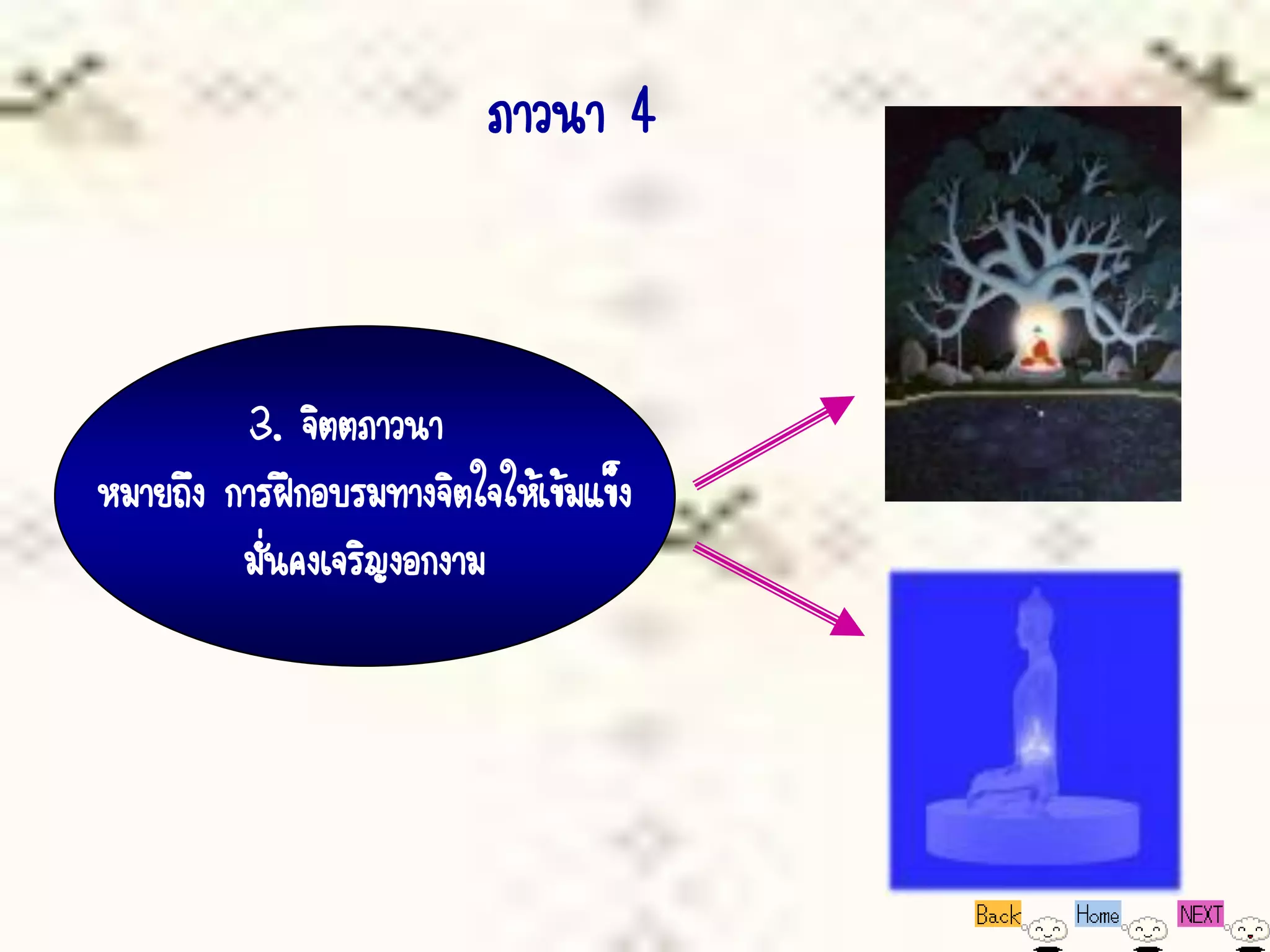 ภาวนา 4


          3. จิตตภาวนา
หมายถึง การฝึกอบรมทางจิตใจให้เข้มแข็ง
         มั่นคงเจริญงอกงาม
 