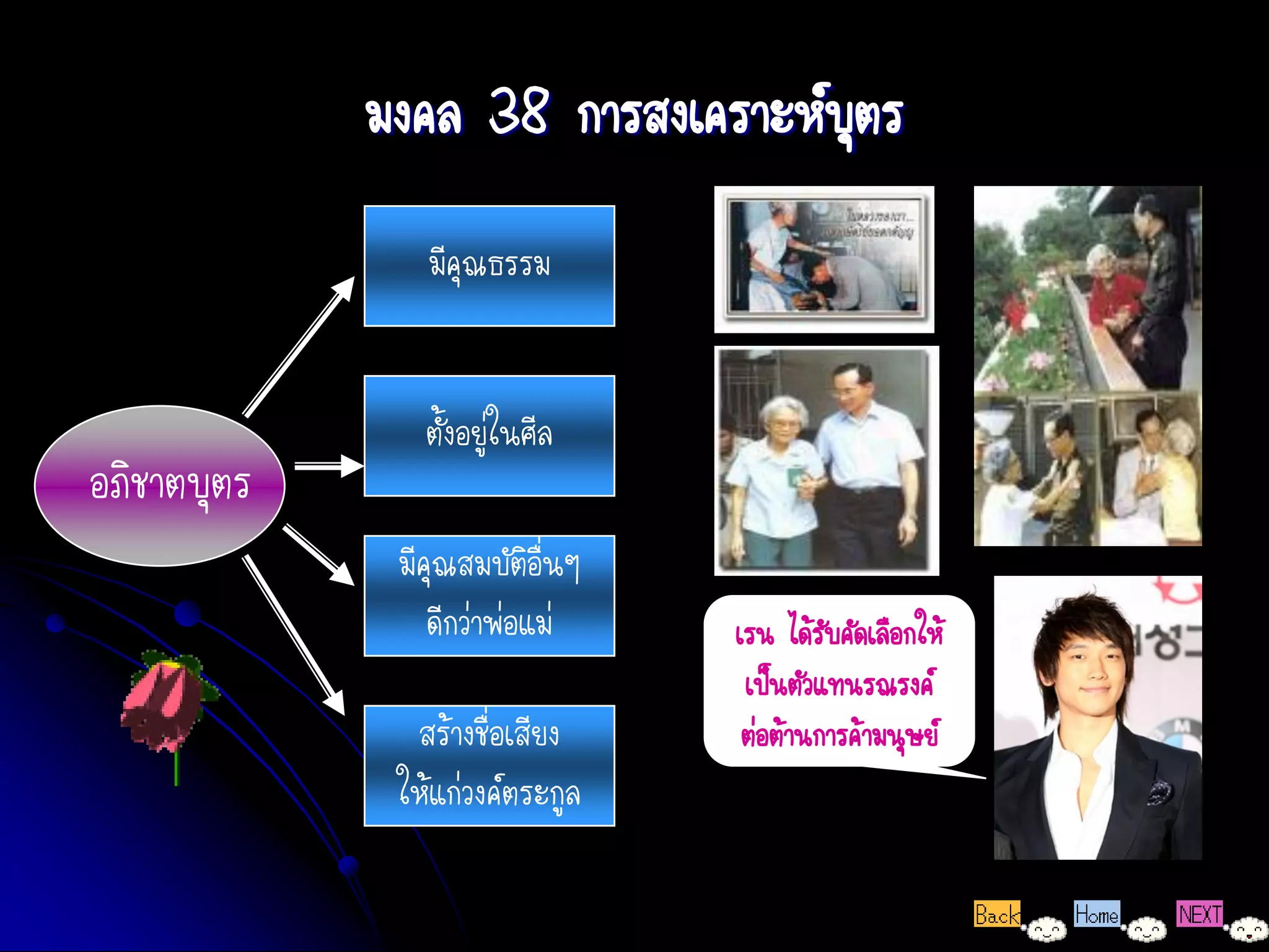 มงคล 38 การสงเคราะห์บุตร
                มีคุณธรรม


                ตั้งอยู่ในศีล
อภิชาตบุตร
              มีคุณสมบัติอื่นๆ
                 ดีกว่าพ่อแม่    เรน ได้รบคัดเลือกให้
                                          ั
                                  เป็นตัวแทนรณรงค์
               สร้างชื่อเสียง     ต่อต้านการค้ามนุษย์
              ให้แก่วงค์ตระกูล
 