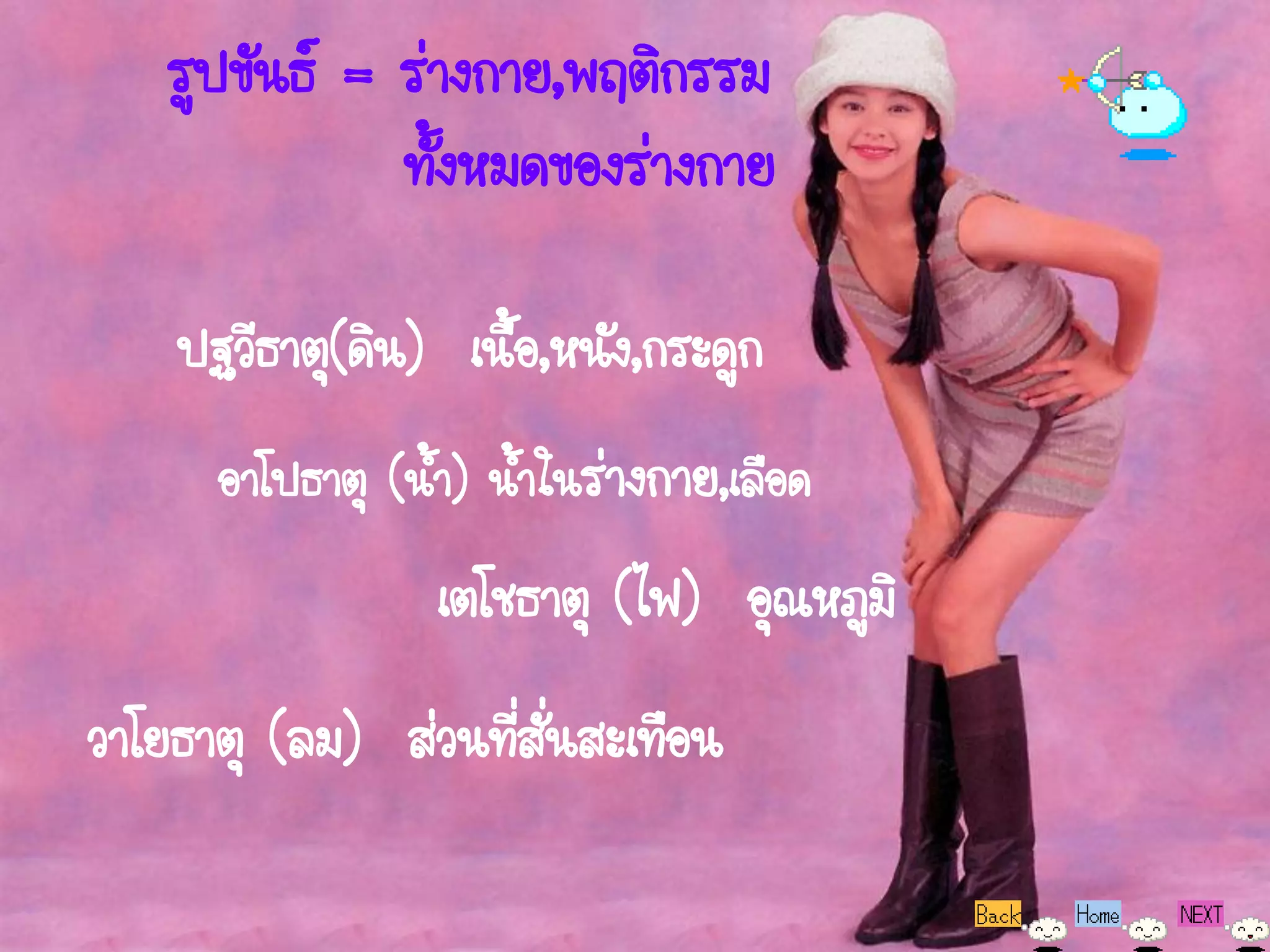 รูปขันธ์ = ร่างกาย,พฤติกรรม
               ทั้งหมดของร่างกาย

    ปฐวีธาตุ(ดิน) เนื้อ,หนัง,กระดูก
      อาโปธาตุ (น้า) น้าในร่างกาย,เลือด
                  เตโชธาตุ (ไฟ) อุณหภูมิ
วาโยธาตุ (ลม) ส่วนที่สั่นสะเทือน
 