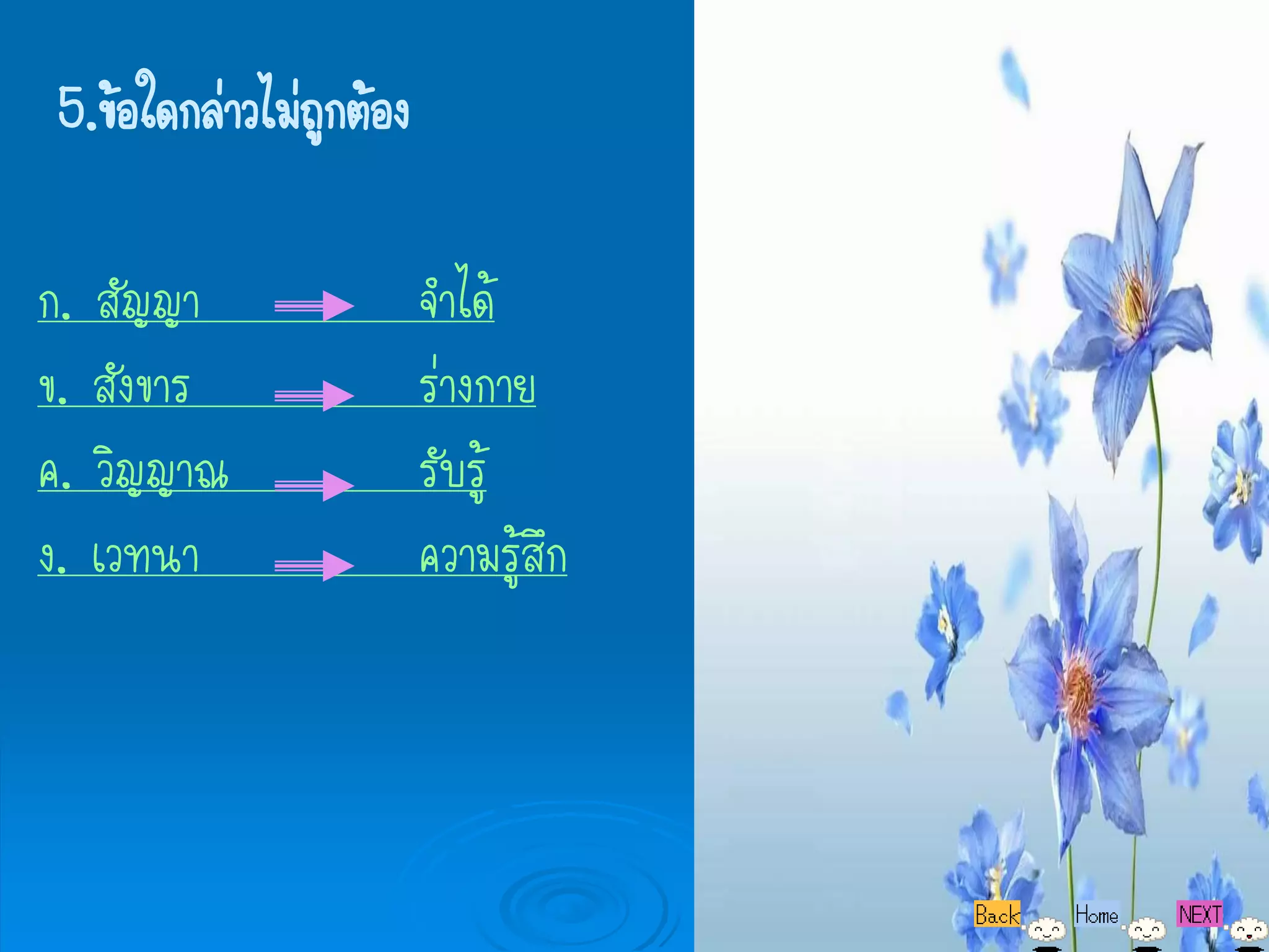 5.ข้อใดกล่าวไม่ถูกต้อง

ก. สัญญา                 จาได้
ข. สังขาร                ร่างกาย
ค. วิญญาณ                รับรู้
ง. เวทนา                 ความรู้สึก
 