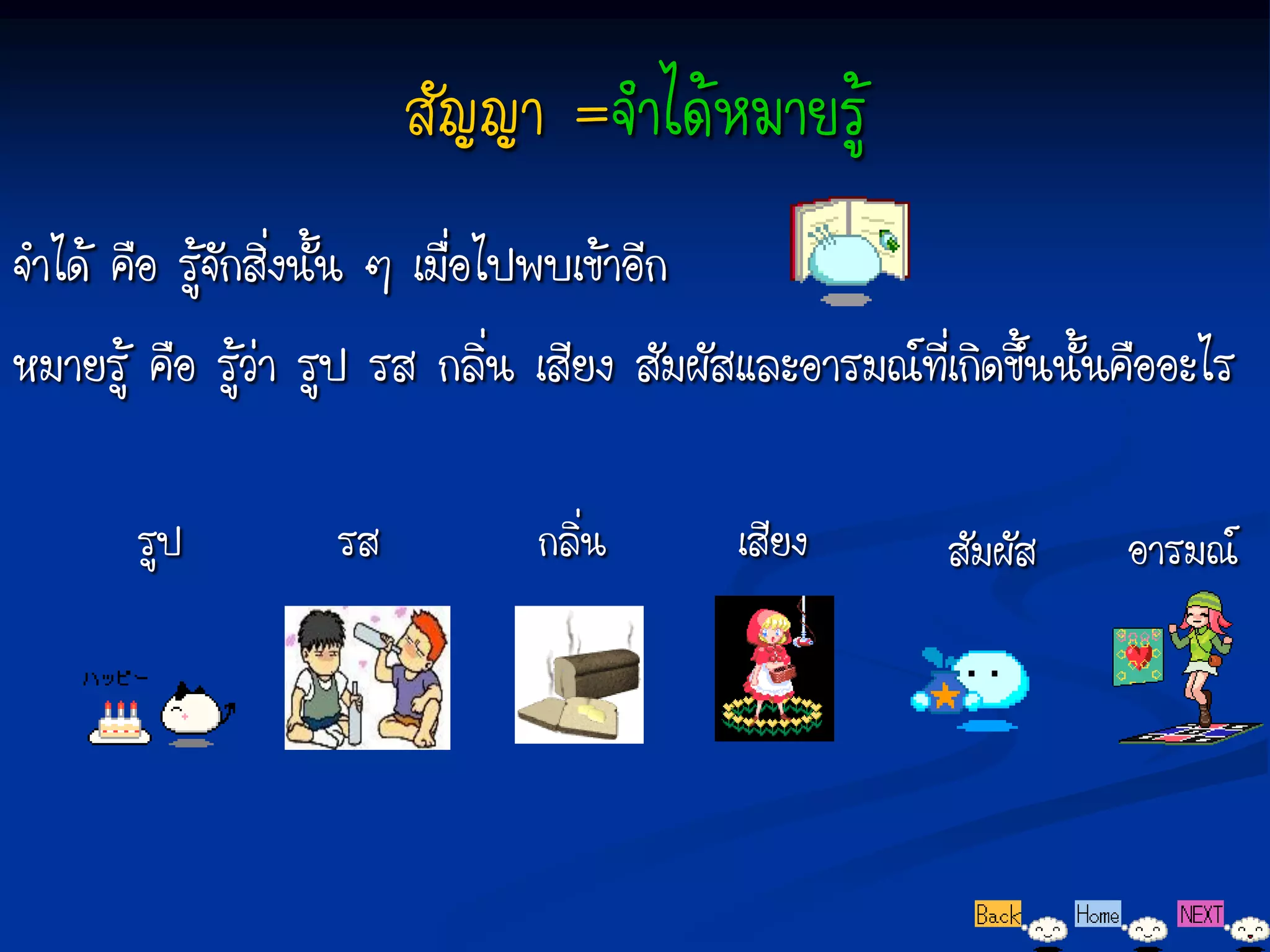 สัญญา =จาได้หมายรู้
จาได้ คือ รู้จกสิ่งนั้น ๆ เมื่อไปพบเข้าอีก
              ั
หมายรู้ คือ รู้ว่า รูป รส กลิ่น เสียง สัมผัสและอารมณ์ที่เกิดขึ้นนั้นคืออะไร

        รูป         รส           กลิ่น       เสียง       สัมผัส     อารมณ์
 