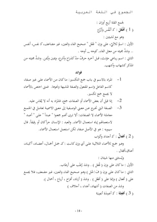 ‫الجموع في اللغة العربية‬

                                                                   ‫جلم ا ق ر ورب ولزان :‬
                                                                     ‫( 1 ) هفْأعُ : ند وامد مس لوزمر‬
                                                                       ‫مر‬
                                                                          ‫لها ن م ئني :‬
‫اتلل : اسر ث ثا ى لزن فَدلم صح ا ، لا لني غ نن،ىف ند ا دس وا دس‬ ‫م‬                 ‫ٌ ٌ‬
                                                   ‫.. لشذ جم ئ نل نل م ا ، . ناج _ ولج .‬     ‫ّ‬
‫ا ثد،ين : اسددر ربدد،ىا نؤاددث ت ددم آ ددوه قددو م ندهلل نددذرار لو ر لميددني لوميددل. لشدذ جم ئد نددل‬
           ‫ّ‬                      ‫ر‬           ‫ّ‬
                                                                          ‫املذنو نم ،ب لوش ب.‬
                                                ‫فوائد‬
 ‫املدواع ب،السددر بدد،ب مجد ا أئد : ندد، ندد،ن نددل ات دد، ى د غد صد ر‬                ‫1-‬
 ‫ب،ت ،‬         ‫ن،سر ا ،ىم لاسر امل لال لا ر املم ر ل اه،. فمص ا‬
                                                        ‫ال م مج أئ .‬
       ‫ل ا ت م ون بلض ات ، ول ا ،ا مج ف،ملواع ب وا ال مق،س ى .‬                        ‫2-‬
 ‫ا د د ر ا د د ُت د و ى ددل نل ددين ا اصد د ر لال نل ددىن اال ددر ل،ن ددم اجلمد د‬
                                                              ‫دو‬                      ‫3-‬
   ‫نل،ن ددر ات دد، ال ا د ،ا: وال ددوك واددر مجل داا ى ددهللاب ى د وى ددهلل‬
‫الس لم،هلر ل ،ه اس لم،ل ات ، . لا ل هلل : اإلائ،ن قواب ن،ن ول رت ق،ب. ت،ل‬
             ‫س ا : ها اتصم ص ر أل اس لمم اس لم،ل ات ، .‬
                                                                                    ‫ٌ‬
                                                                ‫( 2 ) هفعال : ند وجهللاع لوثااب‬
 ‫له ددا مج د ل دد، ا ث ث ددر ى د ون لزن ن،ا ددت : ن د د مج ددم ومج دد،ل وىن دد،ع ون دد،ع‬
                                                                         ‫وىد، وت ،ل .‬
                                                          ‫لمئ ثىن ند ، ش ئ،ن :‬
                           ‫اتلل : ن، ن،ن ى لزن ( فمدلم ) . لشذ رطَب ى ورط،ب.‬
                                           ‫م‬             ‫َ‬
 ‫مد‬      ‫ا ثدد،ين : ندد، ندد،ن ى د لزن ( َ ّىددم ) لهددا صددح ا دد، لا لددني غد ننددلف فد‬
                                                     ‫َم‬
                ‫ى ( وفل،ل ) للمن، ى ( وفلمم ) . لشذ ( وزا،ع وفواخ ورب،ر ومح،ل ).‬
                                   ‫)‬  ‫لشذ نل ا ،ا ( وش ،ع وىهللا وج‬
                                                                             ‫ِ‬
                                                        ‫( 3 ) هفعلة : ند وىمهللأ وا َر‬
                                                                ‫َ‬


                                               ‫- 41 -‬
 