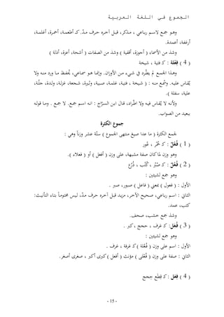 ‫الجموع في اللغة العربية‬

 ‫لهددا مج د السددر ربدد،ىا نددذنو ت ددم آ ددوه قددو ن دهلل. ند د وطلمددر ومحددوأ وغ مددر‬
                               ‫ّ‬
                                                                                 ‫ورغ ر وىمهللأ.‬
         ‫لشذ نل ات ، ( وجازأ وت ر ) لشذ نل ا ،ا ( وشحر وىزأ و ر )‬
                                                                ‫( 4 ) فِعلة : ند ف ر ش الر‬
                                                                                       ‫ْ‬
‫لهددذا اجلم د مل طّددوع شددا نددل اتلزان. للمندد، هددا دد،ىا م ددظ ندد، لرع ند د لال‬
                       ‫م‬
 ‫مقدد،س ى د . ل م د ند د : ( ش د الر ف ددر غ مددر ص د ر لث د أ شددجلر غز ددر ل ددهللأ جّددر‬
                                                                                       ‫ى ر س ر ).‬
 ‫لتا د ال مقدد،س ف د لال اطّدواع تدد،ل ابددل ا ئددواو : اا د اسددر مج د . ال مج د . لندد، تا د‬
                                            ‫ّ‬
                                                                                  ‫ب ل هلل نل ا ااب.‬
                                          ‫جموع المررف‬
                   ‫اجلمار ) سّر ىمو لزا،ب لها :‬           ‫جلم ا أثوأ ( ن، ىهللا ص غ ند‬
                                                         ‫( 1 ) فُأع ٌ : ند ممو ىمار‬
                                                               ‫مح‬         ‫ْ‬
                     ‫).‬     ‫لها لزن مل، ن،ن ص ر نم ر ى لزن ( وفلم ) ول ( فل‬
                                                             ‫( 2 ) فُأعُ ٌ : ند صب نمب م مر‬
                                                              ‫ر‬     ‫مم م‬
                                                                    ‫لها مج م ئني :‬
                                             ‫اتلل : ( فلال ) مبلين ( ف،ىم ) ص ار صب .‬
‫ا ثدد،ين : اسددر ربدد،ىا صددح ا، ددو نز ددهلل ت ددم آ ددوه قددو ندهلل د س و اند،ب ب دد، ا أا ددث:‬
                            ‫ّ‬
                                                                                ‫ن ب ىمهلل.‬
                                                             ‫لشذ مج مب صحف.‬
                                           ‫( 3 ) فُأع : ند غو قجج نب .‬
                                                                  ‫َ‬
                                                     ‫لها مج م ئني :‬
                                 ‫اتلل : اسر ى لزن ( فمدل ر ) ند غوفر غو .‬
                                                  ‫م‬
               ‫ا ث،ين : ص ر ى لزن ( فمدل ) نؤاث ( وفلم ) نبك ونب صغوك وصغو.‬
                                                  ‫م‬

                                                                    ‫( 4 ) فِع : ند تطَ قجج‬
                                                                                 ‫َ‬


                                              ‫- 51 -‬
 