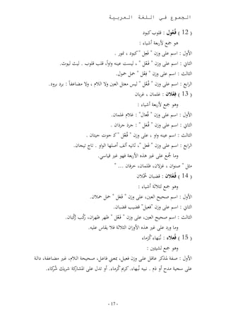 ‫الجموع في اللغة العربية‬

                                                           ‫( 21 ) فُأعُول : ت اب ن اع‬
                                                   ‫ها مج تربلر وش ، :‬
                                       ‫اتلل : اسر ى لزن فَلم ن اع منار .‬
             ‫ئت ى د لالاب ت ب ت اب . ث اث.‬           ‫ا ث،ين : اسر ى لزن فَدلم‬
                                                        ‫م‬
                                        ‫ا ث، ث : اسر ى لزن فلم محم محال.‬
                                                      ‫م‬
       ‫لال نن،ى ،ب : بوع بولع.‬ ‫ا واب : اسر ى لزن فمدلم س نل م ا لني لال ا‬
                                                        ‫م‬
                                                 ‫( 31 ) فِعالة : غ م،ن غوب،ن‬
                                                                   ‫ْ‬
                                                   ‫لها مج تربلر وش ، :‬
                                       ‫اتلل : اسر ى لزن فمل،ل : غ غ م،ن.‬
                                      ‫ا ث،ين : اسر ى لزن فمدلم : جو جو ان .‬
                                                       ‫َ‬
                          ‫ا ث، ث : اسر ى د لال ى لزن فمدلم ند قاا ق ،ن .‬
                                             ‫م‬
                     ‫ا واب : اسر ى لزن فَلم ث،ا و ف وص ، ا اال . ،و ج،ن.‬
                               ‫لن، مج ى غ هذه اتربلر ف ا غ ت ،سا.‬‫م‬
                                          ‫نثم صداان غزالن ظ م،ن وف،ن ...‬
                                                 ‫( 41 ) فُأعالة : تن ،ن مم ن‬
                                                    ‫مح‬           ‫ْ‬
                                                  ‫لها مج ث ثر وش ، :‬
                              ‫اتلل : اسر صح ا لني ى لزن فَدلم محم مح ن.‬
                                          ‫َ‬
                                       ‫ا ث،ين : اسر ى لزن فل م تن ب تن ،ن.‬
                 ‫ا ث، ث : اسر صح ا لني ى لزن فَدلم ظ و ظ وان نب ن ،ن.‬
                     ‫رم رم‬
                      ‫م‬               ‫م‬
                           ‫لن، لرع ى غ هذه اتلزان ا ث ثر ف ق،س ى .‬
                                                           ‫( 51 ) فُعالء : ادمَ ، نون،‬
                                                             ‫مَ‬
                                                             ‫لها مج م ئني :‬
‫اتلل : صد ر ملددذنو ى،تددم ى د لزن فل ددم مبلددين ف،ىددم صددح حر ا د غد نندد،ى ر عا ددر‬
        ‫نر شو م شن، .‬
           ‫مو‬       ‫ى سج ر نهللل ول . ا ام ، . نومي نون، . ول هللل ى املم،ر‬
                                             ‫م‬



                                        ‫- 01 -‬
 