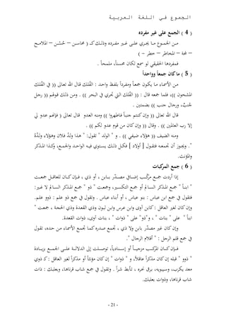 ‫الجموع في اللغة العربية‬

                                                                          ‫( 4 ) الجمع على ير منر ه‬
  ‫ن ددل اجلم ددار ن دد، ددون ى د د غ د د ن ددوعه ل ددم ن د د ( ،س ددل – قئ ددل – امل ن د د‬
                  ‫مم‬
                                                               ‫– حملر – املال،طو – طو - )‬
                                      ‫أ،ن ئد،ب ن مح،ب .‬            ‫فم وعه، احلق قا ا‬
                                                                        ‫( 5 ) ما ثاة جمعاع ووا داع‬
‫ا م ددم‬     ‫نددل ات دد، ندد، أددان مجلد،ب لن ددوعاب ب ددظ لاقددهلل : ا م ددم تد،ل اع لدد،ال ((‬
‫ا حدو )) . لندل دم تداهلر (( رجدم‬               ‫املمحان )) ف م، مجل ت،ل : (( ا م م ا د ادون‬
                                                               ‫جدب لرج،ل جدب )) بنم ني .‬   ‫م ٌ‬
 ‫ت،ل اع ل،ال (( للن ندد ر جد د،ب فد،ط ولا )) لندد ا لدهللل تد،ل لد،ال ( فدلار ىدهللل يل‬
                                     ‫لال رب ا ل،ملني )) . لت،ل (( للن ن،ن نل تا ىهللل أر )) .‬
‫لند ا ن ف (( هؤال ض ا )) . ل ا ا هلل قال: هدذا ل دهلل فد ن لهدؤال ل دهللهم‬
  ‫م‬                   ‫م‬
 ‫. ل دداز ون امل د ف ق ددال ولالع خ فأ ددم ددم ئ د ان ف د ا ااق ددهلل لاجلم د ن ددذا امل ددذنو‬
                ‫ل‬
                                                                                       ‫لاملؤاث.‬
                                                                                    ‫( 6 ) جمع ثبات‬
                                                                                       ‫المر‬
‫ل ا ورعا مج د د ن د ددب لض د دد، ن د دهللر ب د دد،بل ول ن ف د دلن ن د دد،ن ل،ت د ددم مجل د ددت‬
                                                     ‫ّ‬                       ‫نوّ‬
‫ابد د،ب مج د امل ددذنو ا ئ دد،مل ول مج د ا أئ د لمجل ددت ل مج د امل ددذنو ا ئ دد،مل ال غ د :‬
‫ف قال مج ابل ى ،س : بدا ى ،س ول وبد، ى ،س . ل قال مج ل ى ر : لل ى در.‬
  ‫للن ن،ن غ ا ل،تم : ن،بل آلك لابل ىدوس لابدل دان ل ن ا قلدهللأ ل ن احلجدر مجلدت‬
                      ‫لاا بد،ا آلك لاا ا قلهللأ.‬                                 ‫ابد،ب ى بد،ا ل ل ى‬
‫للن ن،ن غ ن هللر ب،بل لال ن ام صدهللره نمد، امد ات د، ندل قدهلله قدال‬                   ‫ّ‬
                                                                        ‫مج ت ر ا وجم : وت ا وج،ل .‬
‫ف د ددلن ن د دد،ن ن د ددب نزج د د د،ب ول لس د ددد،ع ،ب اص د د د ت لال ا هللال د ددر ى د د د اجلم د د د بز د دد،عأ‬
                                                                                              ‫املو‬
‫لل ت لن ن،ن نذنواب ى،ت ب ل لاا لن ن،ن نؤاث،ب ول نذنواب غ ا ل،تم : ند لن‬
‫نلهلل أوب لسد ا بدو دوه دأبا شدواب . ل قدال مجد شد،ب توا،هد، لبل دم : اا‬
                                                                                      ‫ش،ب توا،ه، ل لاا بل م.‬


                                                    ‫- 12 -‬
 