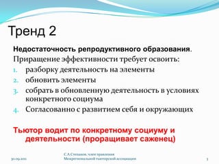 Тренд 2Недостаточность репродуктивного образования.Приращение эффективности требует освоить:разборку деятельность на элементыобновить элементысобрать в обновленную деятельность в условиях конкретного социума Согласованно с развитием себя и окружающихТьютор водит по конкретному социуму и деятельности (проращивает саженец)30.09.2011С.А.Степанов, член правления Межрегиональной тьюторской ассоциации3