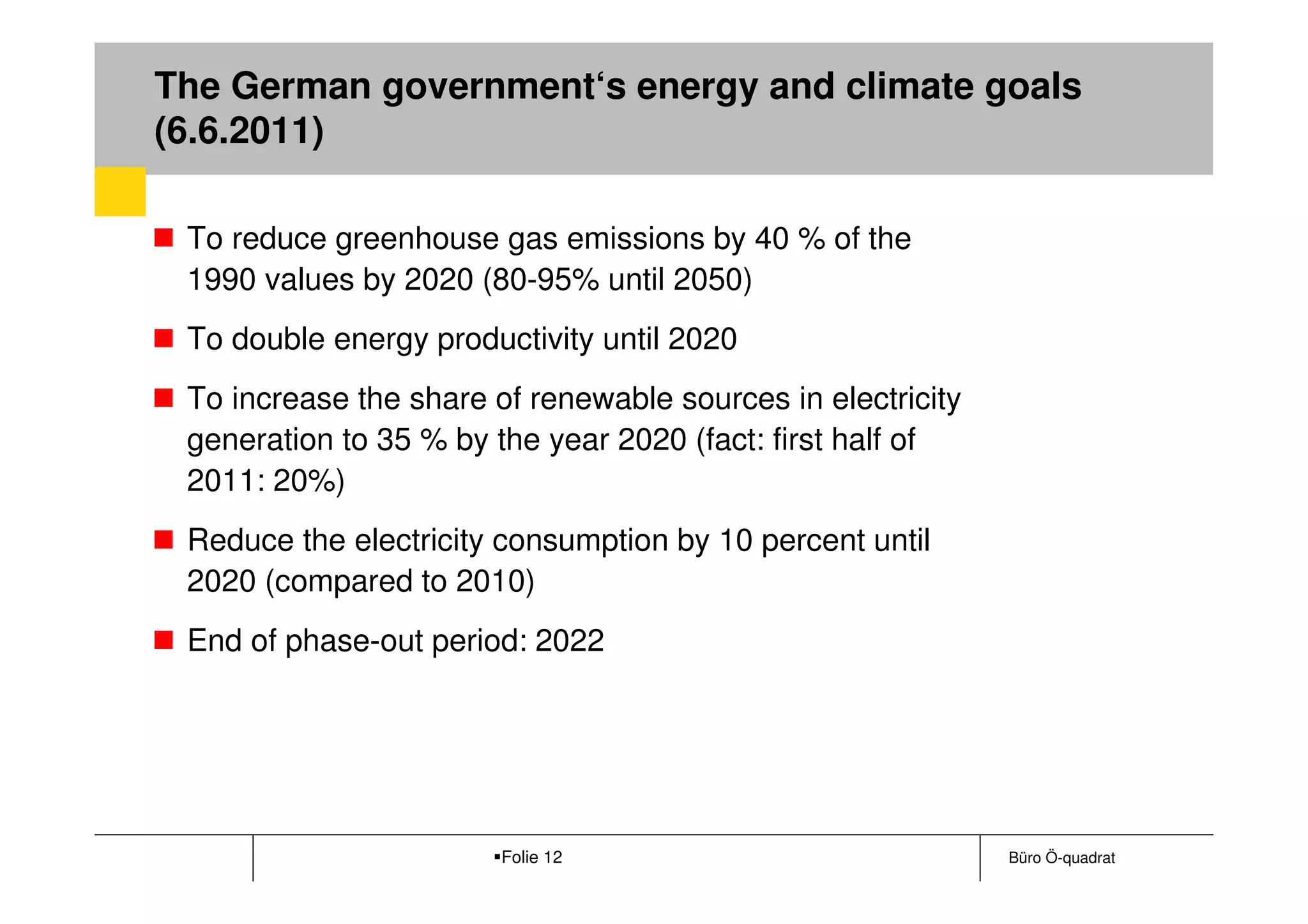 The German government‘s energy and climate goals
(6.6.2011)

 To reduce greenhouse gas emissions by 40 % of the
 1990 values by 2020 (80-95% until 2050)
 To double energy productivity until 2020
 To increase the share of renewable sources in electricity
 generation to 35 % by the year 2020 (fact: first half of
 2011: 20%)
 Reduce the electricity consumption by 10 percent until
 2020 (compared to 2010)
 End of phase-out period: 2022




                        Folie 12                             Büro Ö-quadrat
 