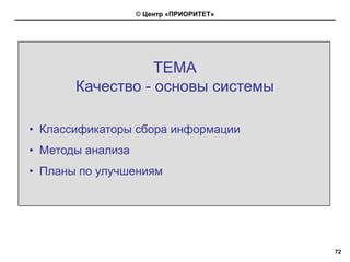 © Центр «ПРИОРИТЕТ»




                  ТЕМА
       Качество - основы системы

• Классификаторы сбора информации
• Методы анализа
• Планы по улучшениям




                                         72
 