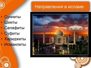 Направления в исламе Сунниты Шииты Салафиты Суфиты Хариджиты Исмаилиты 