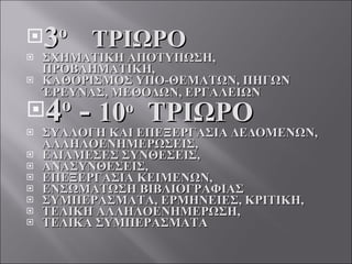 3 ο   ΤΡΙΩΡΟ ΣΧΗΜΑΤΙΚΗ ΑΠΟΤΥΠΩΣΗ, ΠΡΟΒΛΗΜΑΤΙΚΗ, ΚΑΘΟΡΙΣΜΟΣ ΥΠΟ-ΘΕΜΑΤΩΝ, ΠΗΓΩΝ  ΈΡΕΥΝΑΣ, ΜΕΘΟΔΩΝ, ΕΡΓΑΛΕΙΩΝ 4 ο   -  10 ο   ΤΡΙΩΡΟ ΣΥΛΛΟΓΗ ΚΑΙ ΕΠΕΞΕΡΓΑΣΙΑ ΔΕΔΟΜΕΝΩΝ, ΑΛΛΗΛΟΕΝΗΜΕΡΩΣΕΙΣ,  ΕΔΙΑΜΕΣΕΣ ΣΥΝΘΕΣΕΙΣ, ΑΝΑΣΥΝΘΕΣΕΙΣ,  ΕΠΕΞΕΡΓΑΣΙΑ ΚΕΙΜΕΝΩΝ, ΕΝΣΩΜΑΤΩΣΗ ΒΙΒΛΙΟΓΡΑΦΙΑΣ  ΣΥΜΠΕΡΑΣΜΑΤΑ, ΕΡΜΗΝΕΙΕΣ, ΚΡΙΤΙΚΗ,  ΤΕΛΙΚΗ ΑΛΛΗΛΟΕΝΗΜΕΡΩΣΗ,  ΤΕΛΙΚΑ ΣΥΜΠΕΡΑΣΜΑΤΑ 