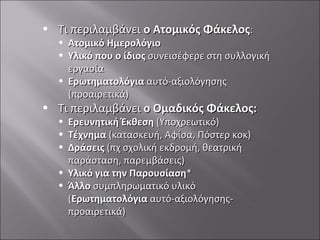 Τι περιλαμβάνει  ο Ατομικός Φάκελος : Ατομικό Ημερολόγιο Υλικό που ο ίδιος  συνεισέφερε στη συλλογική εργασία Ερωτηματολόγια  αυτό-αξιολόγησης (προαιρετικά) Τι περιλαμβάνει  ο Ομαδικός Φάκελος: Ερευνητική Έκθεση  (Υποχρεωτικό) Τέχνημα  (κατασκευή, Αφίσα, Πόστερ κοκ) Δράσεις  (πχ σχολική εκδρομή, θεατρική παράσταση, παρεμβάσεις) Υλικό για την Παρουσίαση * Άλλο  συμπληρωματικό υλικό ( Ερωτηματολόγια  αυτό-αξιολόγησης- προαιρετικά) 