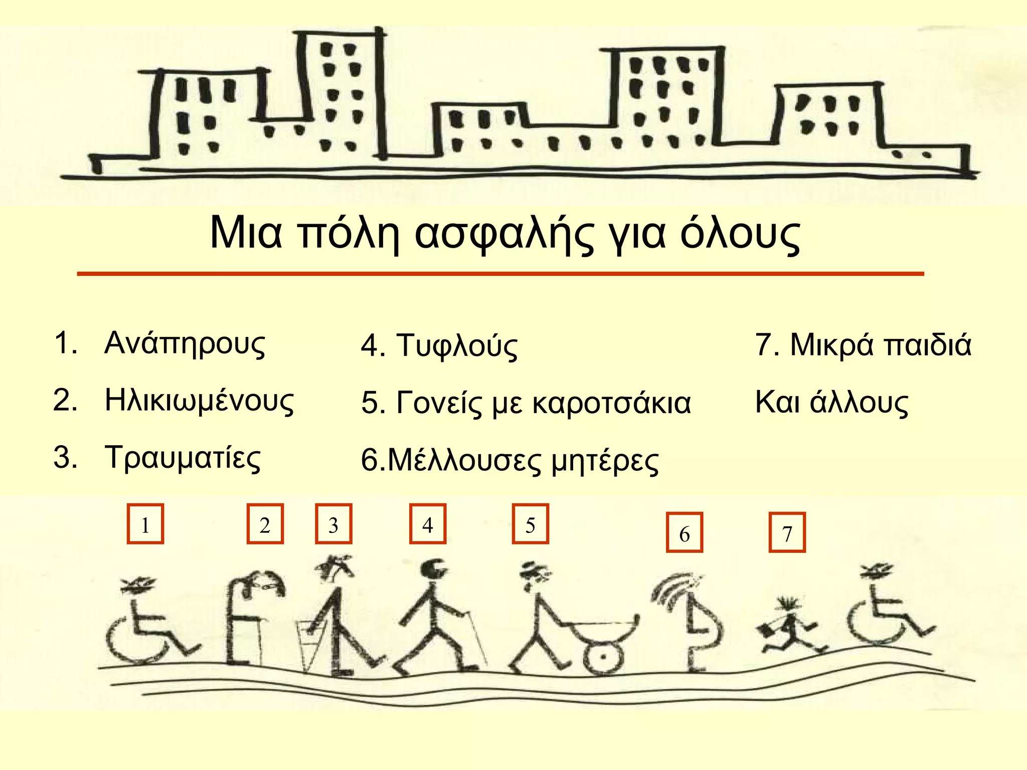 Μια πόλη ασφαλής για όλους Ανάπηρους Ηλικιωμένους Τραυματίες 4.  Τυφλούς 5.  Γονείς με καροτσάκια 6. Μέλλουσες μητέρες 7.  Μικρά παιδιά Και άλλους 1 2 3 4 5 6 7 