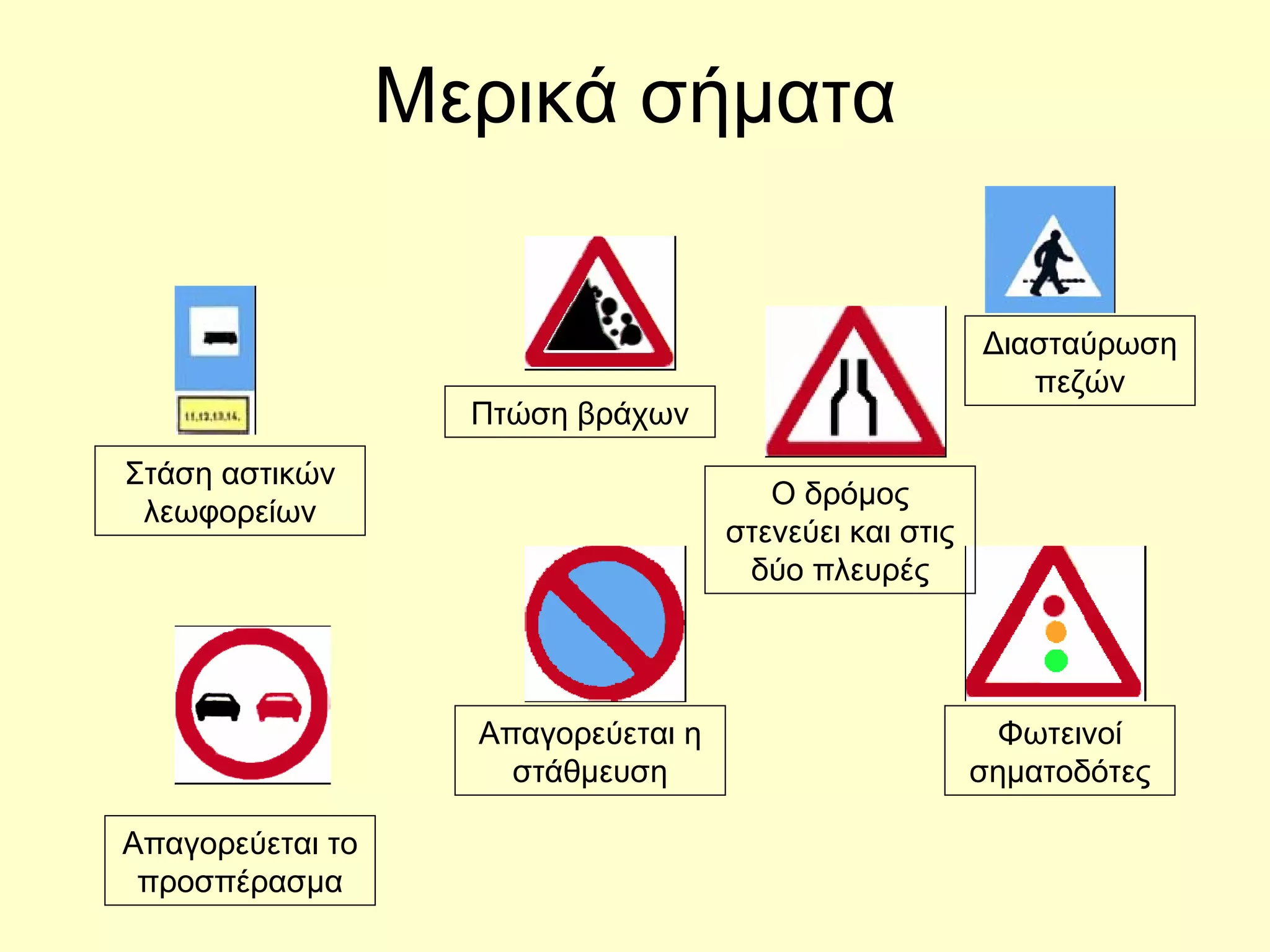 Μερικά σήματα Απαγορεύεται το προσπέρασμα Απαγορεύεται η στάθμευση Φωτεινοί σηματοδότες Στάση αστικών λεωφορείων Πτώση βράχων Ο δρόμος στενεύει και στις δύο πλευρές Διασταύρωση πεζών 