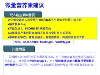 微量营养素建议
  钙&维生素D需要
 老年帕金森病人血中维生素K和D水平明显低于同龄正常人群
 ♠膳食摄取不足
 ♠肾脏生成1，25(OH)2 D3缺陷有关
 ♠功能障碍严重的帕金森病人每日接受日照少甚至无
 ♠影响钙的吸收，使骨质减少、骨密度降低，特别容易发生骨折
    推荐：Ca摄入1000~1500mg/d，VitD10μg/d

   叶酸需要

 美国国立老化研究所的麦森教授指出，对于有帕金森家族史遗传的病人
和正常人，每天补充叶酸400 μg/d ，对于保持黑质功能和修复已受损伤的
神经细胞是适宜的，也对老年人大脑预防其他神经退行性变具有实际意义。
 