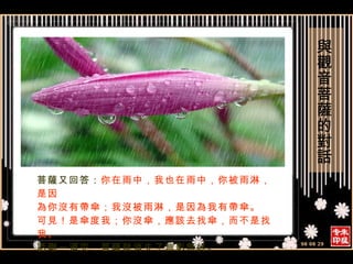 菩薩又回答： 你在雨中，我也在雨中，你被雨淋，是因 為你沒有帶傘；我沒被雨淋，是因為我有帶傘。 可見！是傘度我；你沒傘，應該去找傘，而不是找我。 話剛一道完，菩薩就消失了無影無終。  