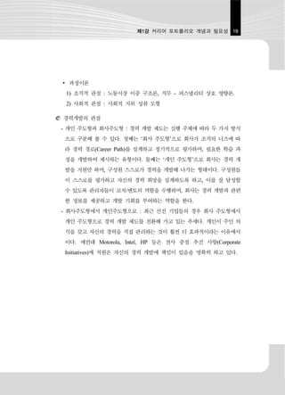 제1강 커리어 포트폴리오 개념과 필요성 19




∙ 과정이론
 1) 조직적 관점 : 노동시장 이중 구조론, 직무 - 퍼스넬리티 상호 영향론.
 2) 사회적 관점 : 사회적 지위 성취 모형

경력개발의 관점
- 개인 주도형과 회사주도형 : 경력 개발 제도는 실행 주체에 따라 두 가지 방식
 으로 구분해 볼 수 있다. 첫째는 ‘회사 주도형’으로 회사가 조직의 니즈에 따
 라 경력 경로(Career Path)를 설계하고 정기적으로 평가하며, 필요한 학습 과
 정을 개발하여 제시하는 유형이다. 둘째는 ‘개인 주도형’으로 회사는 경력 개
 발을 지원만 하며, 구성원 스스로가 경력을 개발해 나가는 형태이다. 구성원들
 이 스스로를 평가하고 자신의 경력 희망을 설계하도록 하고, 이를 잘 달성할
 수 있도록 관리자들이 코치/멘토의 역할을 수행하며, 회사는 경력 개발과 관련
 한 정보를 제공하고 개발 기회를 부여하는 역할을 한다.
- 회사주도형에서 개인주도형으로 : 최근 선진 기업들의 경우 회사 주도형에서
 개인 주도형으로 경력 개발 제도를 전환해 가고 있는 추세다. 개인이 주인 의
 식을 갖고 자신의 경력을 직접 관리하는 것이 훨씬 더 효과적이라는 이유에서
 이다. 예컨대 Motorola, Intel, HP 등은 전사 중점 추진 사항(Corporate
 Initiatives)에 직원은 자신의 경력 개발에 책임이 있음을 명확히 하고 있다.
 