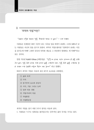44 커리어 포트폴리오 작성




 1
      ‘최적의 직업’이란?


 “성공의 비결은 당신의 일을 천직으로 만드는 데 있다.”- 마크 트웨인

 사람들은 일생동안 10만 시간이 넘는 시간을 일을 하면서 보낸다. 그러나 60%가 넘
는 사람들은 자신의 일을 즐기지 못한다. 최적의 직업모델이란 “일하면서 보내는 시간
을 즐기는게 어때? 그래서 당신의 독특한 재능을 그 과정에서 발휘하는 게 어때?”라고
묻는 것이다.

 칼릴 지브란 Kahlil Gibran [예언자]은 “일할 때 우리는 지구가 우리에게 준 꿈을 수행
하고 있다. 일을 통해 우리는 진정 우리의 삶을 사랑하게 된다. 일을 통해 삶을 사랑하는 것
은 인생의 가장 깊숙한 비밀과 친구가 되는 것이다”라고 말했다.

 따라서 최적의 직업은 다음과 같은 8가지 요소들을 포함한다.

     ① 삶의 목적
     ② 가치
     ③ 동기부여 요소와 관심사
     ④ 지식, 기술 그리고 능력
     ⑤ 일과 다른 경험
     ⑥ 직업/커리어 목표
     ⑦ 작업환경
     ⑧ 사업현실성



 최적의 직업을 찾기 위한 3가지 원칙은 다음과 같다.
 1. 사람들은 누구나 성취감을 불러일으키는 중추적인 삶의 목적을 가지고 있다.
 