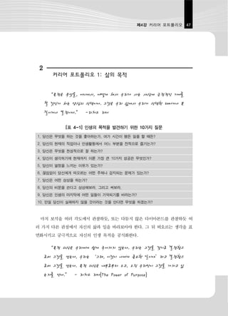 제4강 커리어 포트폴리오 47




 2
        커리어 포트폴리오 1: 삶의 목적


      “목적은 무엇을, 어디에서, 어떻게 해서 우리가 사는 세상에 긍정적인 기여를
     할 것인가 하는 양심의 선택이다. 그것은 우리 삶에서 우리가 선택한 테마거나 본
     질이거나 열정이다.” -리처드 리더

             [표 4-1] 인생의 목적을 발견하기 위한 10가지 질문
1. 당신은 무엇을 하는 것을 좋아하는가, 여가 시간이 됐든 일을 할 때든?
2. 당신의 현재의 직업이나 인생활동에서 어느 부분을 전적으로 즐기는가?
3. 당신은 무엇을 천성적으로 잘 하는가?
4. 당신이 생각하기에 현재까지 이룬 가장 큰 10가지 성공은 무엇인가?
5. 당신이 열정을 느끼는 이유가 있는가?
6. 끊임없이 당신에게 떠오르는 어떤 주제나 감지되는 문제가 있는가?
7. 당신은 어떤 상상을 하는가?
8. 당신의 비문을 쓴다고 상상해보라. 그리고 써보라.
9. 당신은 인생의 마지막에 어떤 일들이 기억되기를 바라는가?
10. 만일 당신이 실패하지 않을 것이라는 것을 안다면 무엇을 하겠는가?



 마치 보석을 여러 각도에서 관찰하듯, 또는 다듬지 않은 다이아몬드를 관찰하듯 여
러 가지 다른 관점에서 자신의 삶과 일을 바라보아야 한다. 그 뒤 떠오르는 생각을 표
면화시키고 궁극적으로 자신의 인생 목적을 공식화한다.

      “목적 의식은 우리에게 쉽게 주어지지 않는다. 우리는 그것을 갖기로 결정함으
     로써 그것을 얻는다, 우리는 ‘그래, 이것이 나에게 중요한 일이야’라고 결정함으
     로써 그것을 얻는다. 목적 의식은 내부로부터 오고, 오직 우리만이 그것을 가지고 있
     는지를 안다.” - 리처드 리더[The Power of Purpose]
 