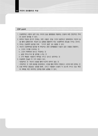 50 커리어 포트폴리오 작성




CDP point

1. 인생목적은 사명과 임무 또는 우리의 일상 활동들을 초월하는 인생에 대한 전반적인 주제
  로 간단히 정의될 수 있다.
2. 최적의 직업의 한가지 전제는, 모든 사람은 -만일 그것이 발전하고 변화하면서 개인의 일
  을 통해 실행된다면- 최상의 일 실행을 창출하게 하는 인생목적의 중심을 가지는 것이다.
3. 우리는 인생목적 발견을 위해 ‘10가지 질문’을 사용할 수 있다.
4. 개인의 인생목적을 발견할 때 부딪치는 흔한 장애물들은 다음과 같은 것들을 포함한다.
 a. 그것의 가치를 간과하는 것
 b. 그것이 독특해야 된다고 주장하는 것
 c. 삶을 꾸려나가야 할 압력을 느끼는 것
 d. 오직 특별한 사람만이 목적을 가지고 있다고 생각하는 것
5. 인생목적 진술은 두 가지 부분이 있다.
 ∙ 본질적인 것: 개인의 인생을 통해 비교적 변하지 않는 것
 ∙ 표현적인 것: 현재 환경을 반영하면서 그것을 통해 목적이 표현되고 시간에 따라 변하는 것
6. 인생 목적은 끊임없는 성찰을 통해, 그리고 사람들이 인생의 각 요소에 가지고 있는 목표
  와 계획을 위한 체계적인 원칙을 통해 실행될 수 있다.
 