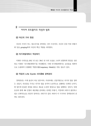 제5강 커리어 포트폴리오 작성 77




 2
      커리어 포트폴리오 작성과 발표


     자신의 가치 점검


 자신의 가치가 어느 정도인가를 파악하는 것이 우선이다. 자신의 강점 약점 위협기
회 등을 grouping하여 자신의 핵심 역량을 파악한다.


     자기계발계획서 작성하기


 미래의 나의모습..10년 뒤 또는 30년 뒤 나의 모습을 그리며 냉철하게 현실을 진단
하고 미래의 ‘자기개발계획서’를 작성해둔다. 이때 자기개발계획서는 요인들을 체계적
으로 도출하여 모델화한 역량모델(Competancy Model)을 만들 필요가 있다.


     직업의 Life Cycle 사이클별 경력관리


 경력관리는 이제 옵션이 아닌 필수이다. 커리어에도 신입직원으로 자기의 업을 정하
는 진입기, 자신감을 가지고 자기의 업을 공격적 도전적으로 집행하는 단계인 도약기,
현 업무에 중요한 결정을 내리고 새로운 도전과 열정으로 업을 집행하는 성숙기, 임원
승진과 함께 제4 인생의 재설계를 준비하는 단계인 부흥기, 직장에서 대우가 불만족스
럽고 신체적으로도 탈진이 일어나는 쇠퇴기가 있다. 따라서 이 시기마다 경력관리의 전
략도 달라진다.
 
