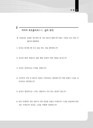 부 록 87




2
     커리어 포트폴리오1-1. 삶의 목적


※ 작성요령: 조용한 장소에서 한 시간 정도의 방해 받지 않는 시간을 갖고 다음 각
         질문에 대답하라.


1. 당신은 한가할 때 무슨 일을 하는 것을 좋아하는가?




2. 당신의 현재 직업이나 삶의 활동 중에서 어떤 것들을 즐기는가?




3. 당신은 천성적으로 무엇을 잘하는가?




4. 지금까지 가장 큰 10가지 성공은 무엇이라고 생각하는가? 어떤 점에서 그것을 성
    공이라고 생각하는가?




5. 당신이 열정적으로 느끼는 명분이나 가치 또는 본질이 있는가?




6. 당신 인생에서 얻은 10가지 가장 중요한 교훈은 무엇인가? 그것을 중요하게 만든
    것은 무엇인가? 당신은 그것을 어떻게 사용하는가?
 