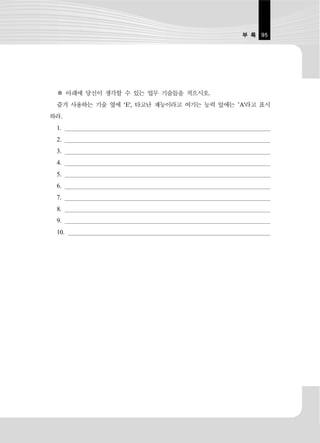 부 록 95




 ※ 아래에 당신이 생각할 수 있는 업무 기술들을 적으시오.
 즐겨 사용하는 기술 옆에 ‘E', 타고난 재능이라고 여기는 능력 앞에는 ’A'라고 표시
하라.
 1.
 2.
 3.
 4.
 5.
 6.
 7.
 8.
 9.
 10.
 