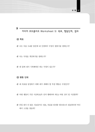 부 록 97




9
     커리어 포트폴리오 Worksheet 5: 목표, 행동단계, 결과


    목표


    나는 다음 3~6달 동안에 내 인생에서 무엇이 변하기를 원하는가?




    나는 무엇을 개선하기를 원하는가?




    내 앞에 내가 극복해야만 하는 무엇이 있는가?




    행동 단계


    내 목표를 달성하기 위해 내가 취해야 할 특정 행동은 무엇인가?




    어떤 행동이 가장 시급하고(즉 먼저 행해져야 하는) 어떤 것이 덜 시급할까?




    만일 내가 더 많은 자료들이나 정보, 목표를 달성할 네트워크가 필요하다면 어디
    에서 그것을 찾을까?
 