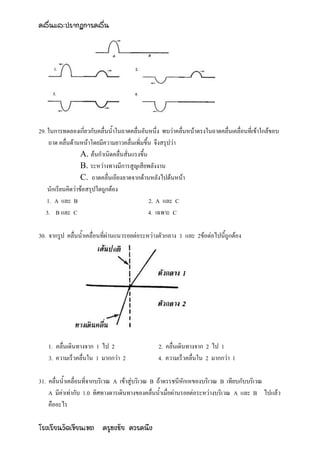 คลื่นและปรากฏการคลื่น




29. ในการทดลองเกี่ยวกับคลื่นน้าในถาดคลื่นอันหนึ่ง พบว่าคลื่นหน้าตรงในถาดคลื่นเคลื่อนที่เข้าใกล้ขอบ
     ถาด คลื่นด้านหน้าโดยมีความยาวคลื่นเพิ่มขึ้น จึงสรุปว่า
                   A. ต้นกาเนิดคลื่นสั่นแรงขึ้น
                   B. ระหว่างทางมีการสูญเสียพลังงาน
                   C. ถาดคลื่นเอียงลาดจากด้านหลังไปด้นหน้า
    นักเรียนคิดว่าข้อสรุปใดถูกต้อง
    1. A และ B                                  2. A และ C
   3. B และ C                                   4. เฉพาะ C

30. จากรูป คลื่นน้าเคลื่อนที่ผ่านแนวรอยต่อระหว่างตัวกลาง 1 และ 2ข้อต่อไปนี้ถูกต้อง




   1. คลื่นเดินทางจาก 1 ไป 2                    2. คลื่นเดินทางจาก 2 ไป 1
   3. ความเร็วคลื่นใน 1 มากกว่า 2               4. ความเร็วคลื่นใน 2 มากกว่า 1

31. คลื่นน้าเคลื่อนที่จากบริเวณ A เข้าสู่บริเวณ B ถ้าดรรชนีหักเหของบริเวณ B เทียบกับบริเวณ
    A มีค่าเท่ากับ 1.0 ทิศทางดารเดินทางของคลื่นน้าเมื่อผ่านรอยต่อระหว่างบริเวณ A และ B ไปแล้ว
    คืออะไร

โรงเรียนวัดเขียนเขต ครูธงชัย ควรคนึง
 