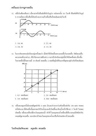 คลื่นและปรากฏการคลื่น

12. คลื่นในเชือกเส้นยาว เมื่อเวลาหนึ่งเป็นดังที่เห็นในรูป ก หลังจากนั้น 0.5 วินาที เป็นดังที่เห็นในรูป
    ข ความถี่ของ คลื่นเป็นกี่เฮิรตซ์ และความเร็วคลื่นเป็นกี่เซนติเมตรต่อวินาที




     1. 3.0, 60                              2. 2.5, 60
     3. 2.0, 30                              4. 1.5, 30

13. ในการสังเกตของนักเรียนกลุ่มหนึ่งพบว่า เมื่อทาให้เกิดคลื่นดลวงกลมขึ้นในถาดคลื่น รัศมีของคลื่น
    ดลวงกลมที่เวลาต่างๆ เป็นไปตามกราฟข้างล่าง ถามว่าถ้านักเรียนกลุ่มนี้ทาให้เกิดคลื่นต่อ เนื่องขึ้น
    ในถาดคลื่นนี้ด้วยความถี่ 10 เฮิรตซ์ ยอดคลื่น 2 ยอดที่อยู่ใกล้กันมากที่สุดจะอยู่ห่างกันกี่เซนติเมตร




    1. 0.5 เซนติเมตร                         2. 2.0 เซนติเมตร
    3. 5.0 เซนติเมตร                         4. 50.0 เซนติเมตร

14. คลื่นทะเลลูกหนึ่งมีแอมพลิจูดเท่ากับ 4 เมตร มีระยะห่างระหว่างสันคลื่นเท่ากับ 150 เมตร ชายคน
    หนึ่งจับเวลา ที่สันคลื่นนี้จมหายลงไปในน้าทะเลแล้วโผล่ขึ้นมาอีกครั้งหนึ่งใช้เวลา 5 วินาที ในขณะ
    เกิดคลื่น คลื่นจะเคลื่อนที่ผ่านโมเลกุลของน้า ทาให้ โมเลกุลของน้าเคลื่อนที่เป็นวงกลมมีรัศมีเท่ากับ
    แอมพลิจูด ของคลื่น จงหาอัตราเร็วของโมเลกุลของน้าจะเป็นกี่เท่าขออัตราเร็วของคลื่น



โรงเรียนวัดเขียนเขต ครูธงชัย ควรคนึง
 