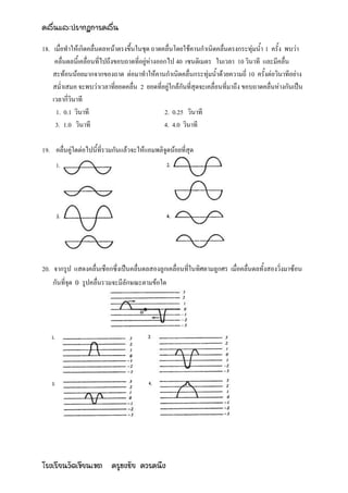 คลื่นและปรากฏการคลื่น

18. เมื่อทาให้เกิดคลื่นดลหน้าตรงขึ้นในชุด ถาดคลื่นโดยใช้คานกาเนิดคลื่นตรงกระทุ่มน้า 1 ครั้ง พบว่า
     คลื่นดลนี้เคลื่อนที่ไปถึงขอบถาดที่อยู่ห่างออกไป 40 เซนติเมตร ในเวลา 10 วินาที และมีคลื่น
    สะท้อนน้อยมากจากของถาด ต่อมาทาให้คานกาเนิดคลื่นกระทุ่มน้าด้วยความถี่ 10 ครั้งต่อวินาทีอย่าง
    สม่าเสมอ จะพบว่าเวลาที่ยอดคลื่น 2 ยอดที่อยู่ใกล้กันที่สุดจะเคลื่อนที่มาถึง ขอบถาดคลื่นห่างกันเป็น
    เวลากี่วินาที
     1. 0.1 วินาที                               2. 0.25 วินาที
     3. 1.0 วินาที                               4. 4.0 วินาที

19. คลื่นคู่ใดต่อไปนี้ที่รวมกันแล้วจะให้แอมพลิจูดน้อยที่สุด




20. จากรูป แสดงคลื่นเชือกซึ่งเป็นคลื่นดลสองลูกเคลื่อนที่ในทิศตามลูกศร เมื่อคลื่นดลทั้งสองวิ่งมาซ้อน
    กันที่จุด 0 รูปคลื่นรวมจะมีลักษณะตามข้อใด




โรงเรียนวัดเขียนเขต ครูธงชัย ควรคนึง
 