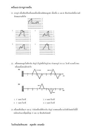 คลื่นและปรากฏการคลื่น

21. จากรูป คลื่นเชือกเป็นคลื่นดลเคลื่อนที่ตามทิศของลูกศร เมื่อคลื่น A และ B ซ้อนกันจะมีคลื่นรวมมี
    ลักษณะตามข้อใด




22. คลื่นดลสองลูกวิ่งเข้หากัน ดังรูป ถ้ารูปคลื่นในรูป (ข) ห่างตากรูป (ก) 0.5 วินาที ความเร็ว ของ
    คลื่นดลทั้งสองมีค่าเท่าไร




   1. 5 เมตร/วินาที                          2. 4 เมตร/วินาที
   3. 3 เมตร/วินาที                          4. 2 เมตร/วินาที

23. คลื่นดลสี่เหลี่ยม P และ Q กาลังเคลื่อนที่เข้าหากัน ดังรูป ภาพชองคลื่นรวมในข้อใดตต่อไปนี้ที่
    เหมือนจริงมากที่สุดเมื่อจุด P และ Q ซ้อนทับกันพอดี



โรงเรียนวัดเขียนเขต ครูธงชัย ควรคนึง
 