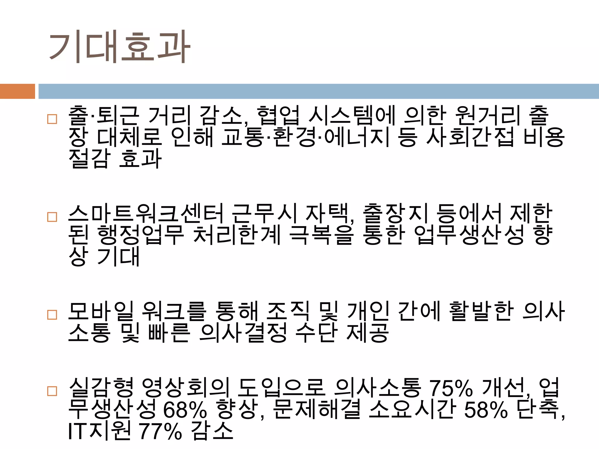 기대효과출·퇴근 거리 감소, 협업 시스템에 의한 원거리 출장 대체로 인해교통·환경·에너지 등 사회간접 비용절감 효과스마트워크센터 근무시 자택, 출장지 등에서 제한된 행정업무처리한계 극복을 통한 업무생산성 향상 기대모바일 워크를 통해 조직 및 개인 간에 활발한 의사소통 및 빠른 의사결정 수단 제공실감형 영상회의 도입으로 의사소통 75% 개선, 업무생산성 68% 향상, 문제해결 소요시간 58% 단축, IT지원 77% 감소