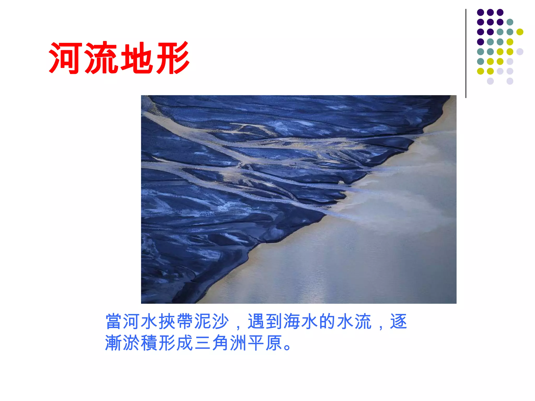 河流地形




 當河水挾帶泥沙，遇到海水的水流，逐
 漸淤積形成三角洲平原。
 