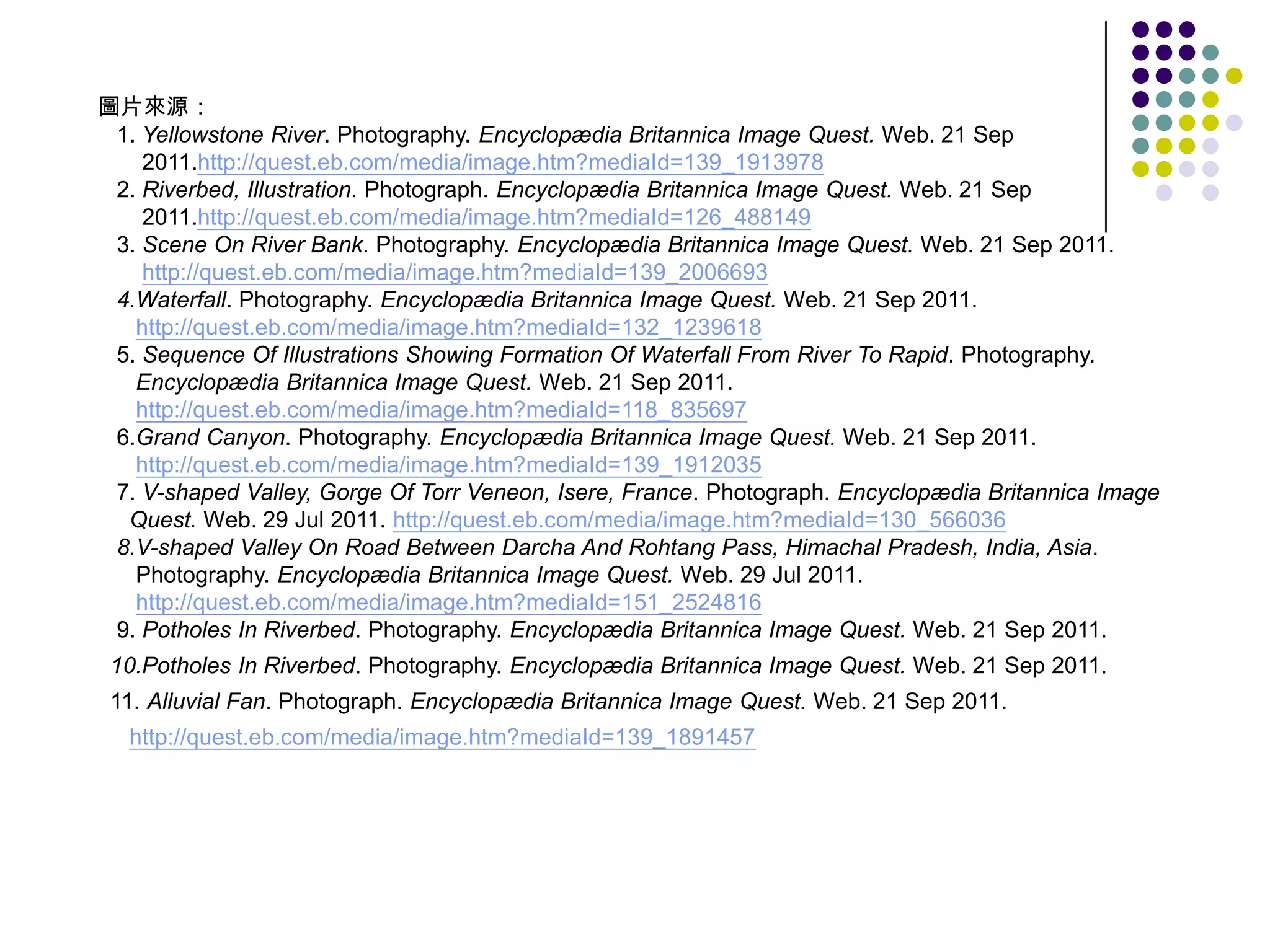 圖片來源：
 1. Yellowstone River. Photography. Encyclopædia Britannica Image Quest. Web. 21 Sep
    2011.http://quest.eb.com/media/image.htm?mediaId=139_1913978
 2. Riverbed, Illustration. Photograph. Encyclopædia Britannica Image Quest. Web. 21 Sep
    2011.http://quest.eb.com/media/image.htm?mediaId=126_488149
 3. Scene On River Bank. Photography. Encyclopædia Britannica Image Quest. Web. 21 Sep 2011.
    http://quest.eb.com/media/image.htm?mediaId=139_2006693
 4.Waterfall. Photography. Encyclopædia Britannica Image Quest. Web. 21 Sep 2011.
   http://quest.eb.com/media/image.htm?mediaId=132_1239618
 5. Sequence Of Illustrations Showing Formation Of Waterfall From River To Rapid. Photography.
   Encyclopædia Britannica Image Quest. Web. 21 Sep 2011.
   http://quest.eb.com/media/image.htm?mediaId=118_835697
 6.Grand Canyon. Photography. Encyclopædia Britannica Image Quest. Web. 21 Sep 2011.
   http://quest.eb.com/media/image.htm?mediaId=139_1912035
 7. V-shaped Valley, Gorge Of Torr Veneon, Isere, France. Photograph. Encyclopædia Britannica Image
  Quest. Web. 29 Jul 2011. http://quest.eb.com/media/image.htm?mediaId=130_566036
 8.V-shaped Valley On Road Between Darcha And Rohtang Pass, Himachal Pradesh, India, Asia.
   Photography. Encyclopædia Britannica Image Quest. Web. 29 Jul 2011.
   http://quest.eb.com/media/image.htm?mediaId=151_2524816
 9. Potholes In Riverbed. Photography. Encyclopædia Britannica Image Quest. Web. 21 Sep 2011.
 10.Potholes In Riverbed. Photography. Encyclopædia Britannica Image Quest. Web. 21 Sep 2011.
 11. Alluvial Fan. Photograph. Encyclopædia Britannica Image Quest. Web. 21 Sep 2011.
  http://quest.eb.com/media/image.htm?mediaId=139_1891457
 