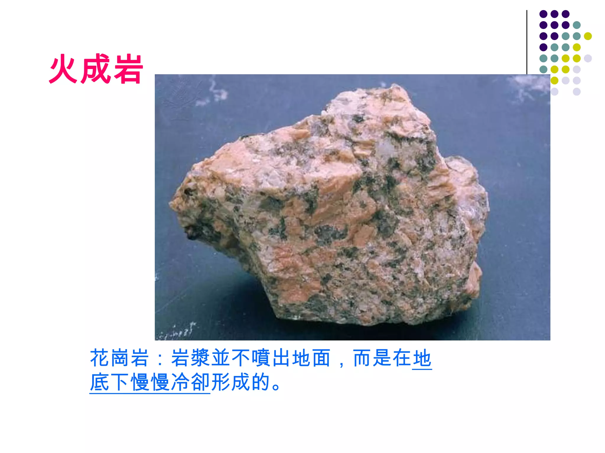 火成岩




 花崗岩：岩漿並不噴出地面，而是在地
 底下慢慢冷卻形成的。
 