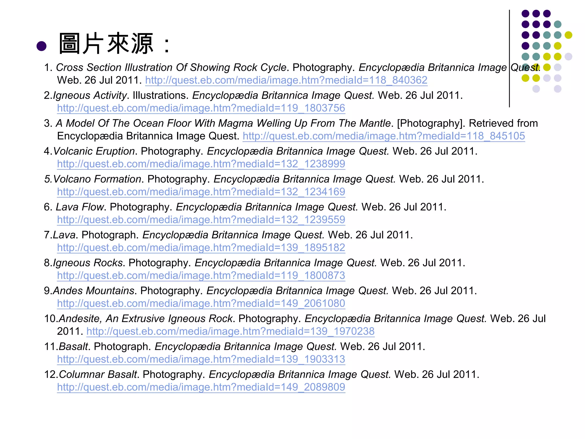    圖片來源：
1. Cross Section Illustration Of Showing Rock Cycle. Photography. Encyclopædia Britannica Image Quest.
   Web. 26 Jul 2011. http://quest.eb.com/media/image.htm?mediaId=118_840362
2.Igneous Activity. Illustrations. Encyclopædia Britannica Image Quest. Web. 26 Jul 2011.
   http://quest.eb.com/media/image.htm?mediaId=119_1803756
3. A Model Of The Ocean Floor With Magma Welling Up From The Mantle. [Photography]. Retrieved from
   Encyclopædia Britannica Image Quest. http://quest.eb.com/media/image.htm?mediaId=118_845105
4.Volcanic Eruption. Photography. Encyclopædia Britannica Image Quest. Web. 26 Jul 2011.
   http://quest.eb.com/media/image.htm?mediaId=132_1238999
5.Volcano Formation. Photography. Encyclopædia Britannica Image Quest. Web. 26 Jul 2011.
   http://quest.eb.com/media/image.htm?mediaId=132_1234169
6. Lava Flow. Photography. Encyclopædia Britannica Image Quest. Web. 26 Jul 2011.
   http://quest.eb.com/media/image.htm?mediaId=132_1239559
7.Lava. Photograph. Encyclopædia Britannica Image Quest. Web. 26 Jul 2011.
   http://quest.eb.com/media/image.htm?mediaId=139_1895182
8.Igneous Rocks. Photography. Encyclopædia Britannica Image Quest. Web. 26 Jul 2011.
   http://quest.eb.com/media/image.htm?mediaId=119_1800873
9.Andes Mountains. Photography. Encyclopædia Britannica Image Quest. Web. 26 Jul 2011.
   http://quest.eb.com/media/image.htm?mediaId=149_2061080
10.Andesite, An Extrusive Igneous Rock. Photography. Encyclopædia Britannica Image Quest. Web. 26 Jul
   2011. http://quest.eb.com/media/image.htm?mediaId=139_1970238
11.Basalt. Photograph. Encyclopædia Britannica Image Quest. Web. 26 Jul 2011.
   http://quest.eb.com/media/image.htm?mediaId=139_1903313
12.Columnar Basalt. Photography. Encyclopædia Britannica Image Quest. Web. 26 Jul 2011.
   http://quest.eb.com/media/image.htm?mediaId=149_2089809
 