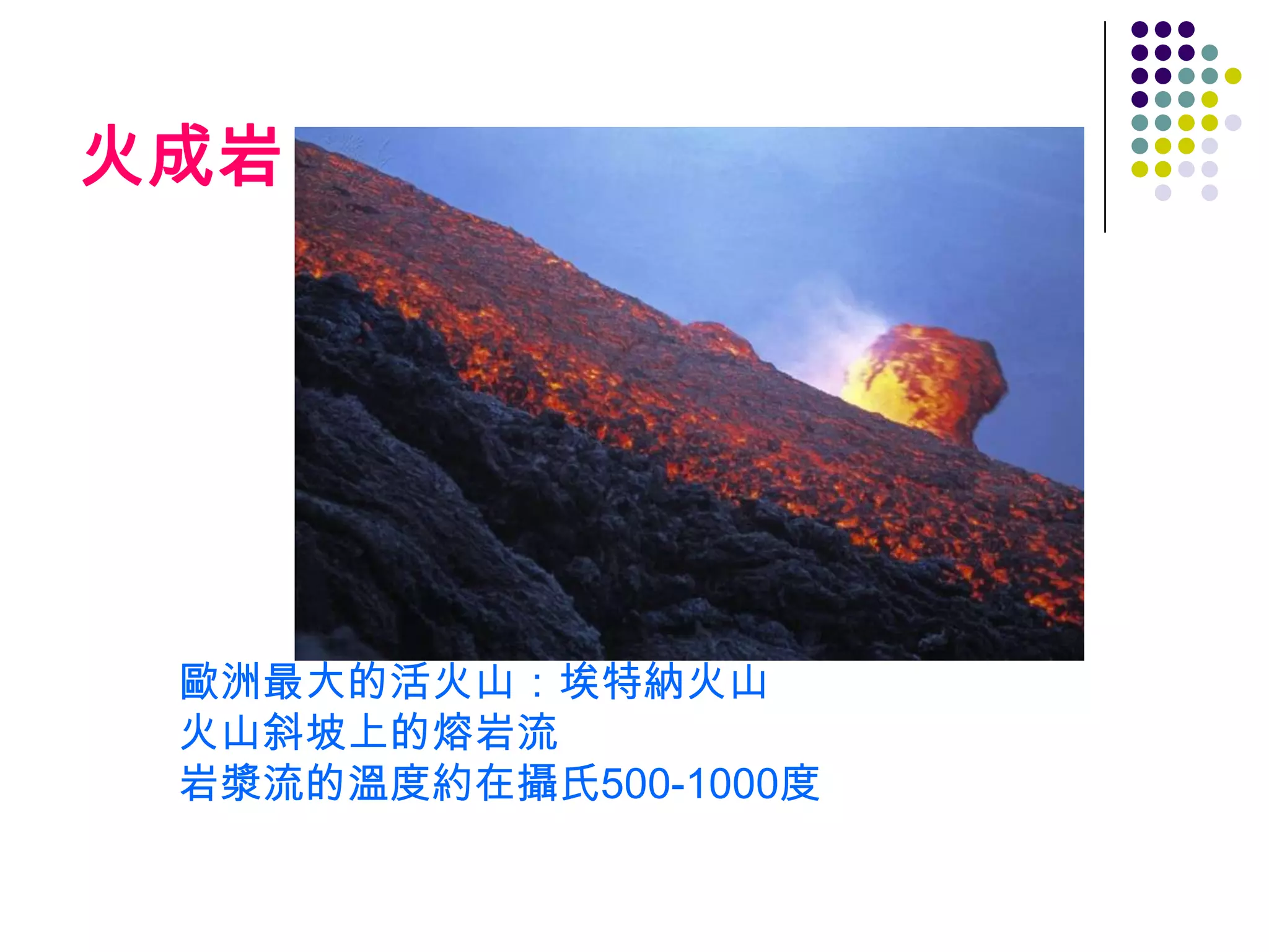 火成岩




 歐洲最大的活火山：埃特納火山
 火山斜坡上的熔岩流
 岩漿流的溫度約在攝氏500-1000度
 