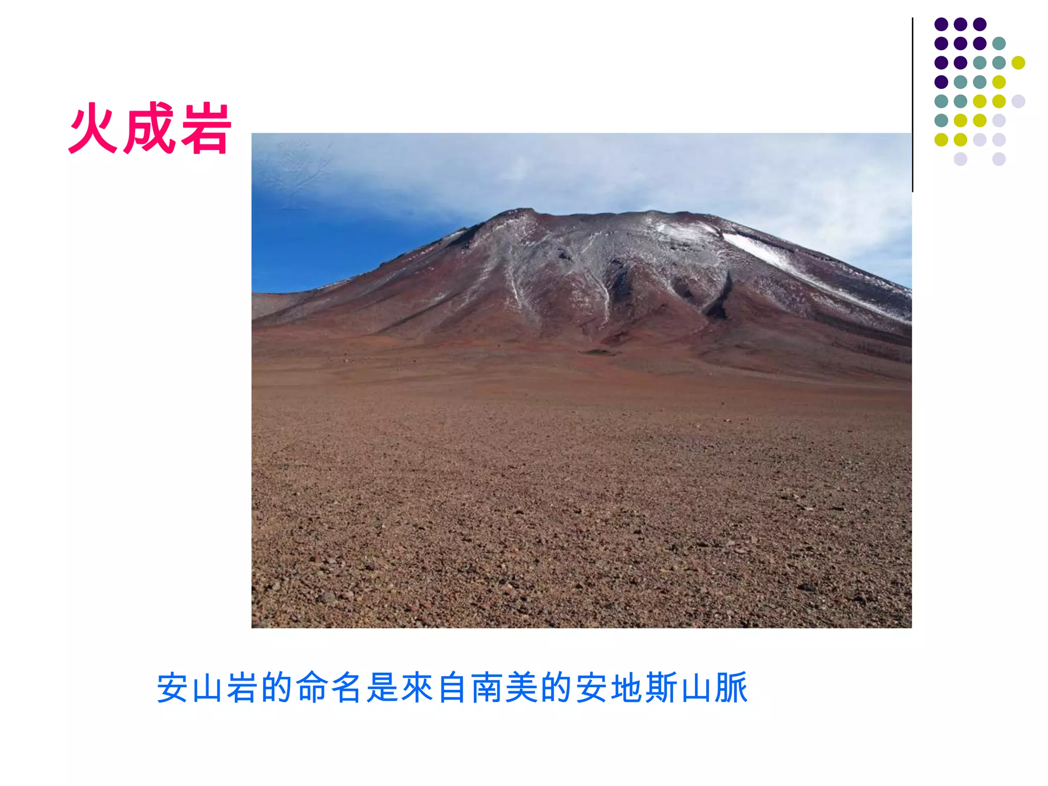 火成岩




 安山岩的命名是來自南美的安地斯山脈
 