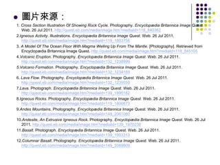    圖片來源：
1. Cross Section Illustration Of Showing Rock Cycle. Photography. Encyclopædia Britannica Image Quest.
   Web. 26 Jul 2011. http://quest.eb.com/media/image.htm?mediaId=118_840362
2.Igneous Activity. Illustrations. Encyclopædia Britannica Image Quest. Web. 26 Jul 2011.
   http://quest.eb.com/media/image.htm?mediaId=119_1803756
3. A Model Of The Ocean Floor With Magma Welling Up From The Mantle. [Photography]. Retrieved from
   Encyclopædia Britannica Image Quest. http://quest.eb.com/media/image.htm?mediaId=118_845105
4.Volcanic Eruption. Photography. Encyclopædia Britannica Image Quest. Web. 26 Jul 2011.
   http://quest.eb.com/media/image.htm?mediaId=132_1238999
5.Volcano Formation. Photography. Encyclopædia Britannica Image Quest. Web. 26 Jul 2011.
   http://quest.eb.com/media/image.htm?mediaId=132_1234169
6. Lava Flow. Photography. Encyclopædia Britannica Image Quest. Web. 26 Jul 2011.
   http://quest.eb.com/media/image.htm?mediaId=132_1239559
7.Lava. Photograph. Encyclopædia Britannica Image Quest. Web. 26 Jul 2011.
   http://quest.eb.com/media/image.htm?mediaId=139_1895182
8.Igneous Rocks. Photography. Encyclopædia Britannica Image Quest. Web. 26 Jul 2011.
   http://quest.eb.com/media/image.htm?mediaId=119_1800873
9.Andes Mountains. Photography. Encyclopædia Britannica Image Quest. Web. 26 Jul 2011.
   http://quest.eb.com/media/image.htm?mediaId=149_2061080
10.Andesite, An Extrusive Igneous Rock. Photography. Encyclopædia Britannica Image Quest. Web. 26 Jul
   2011. http://quest.eb.com/media/image.htm?mediaId=139_1970238
11.Basalt. Photograph. Encyclopædia Britannica Image Quest. Web. 26 Jul 2011.
   http://quest.eb.com/media/image.htm?mediaId=139_1903313
12.Columnar Basalt. Photography. Encyclopædia Britannica Image Quest. Web. 26 Jul 2011.
   http://quest.eb.com/media/image.htm?mediaId=149_2089809
 