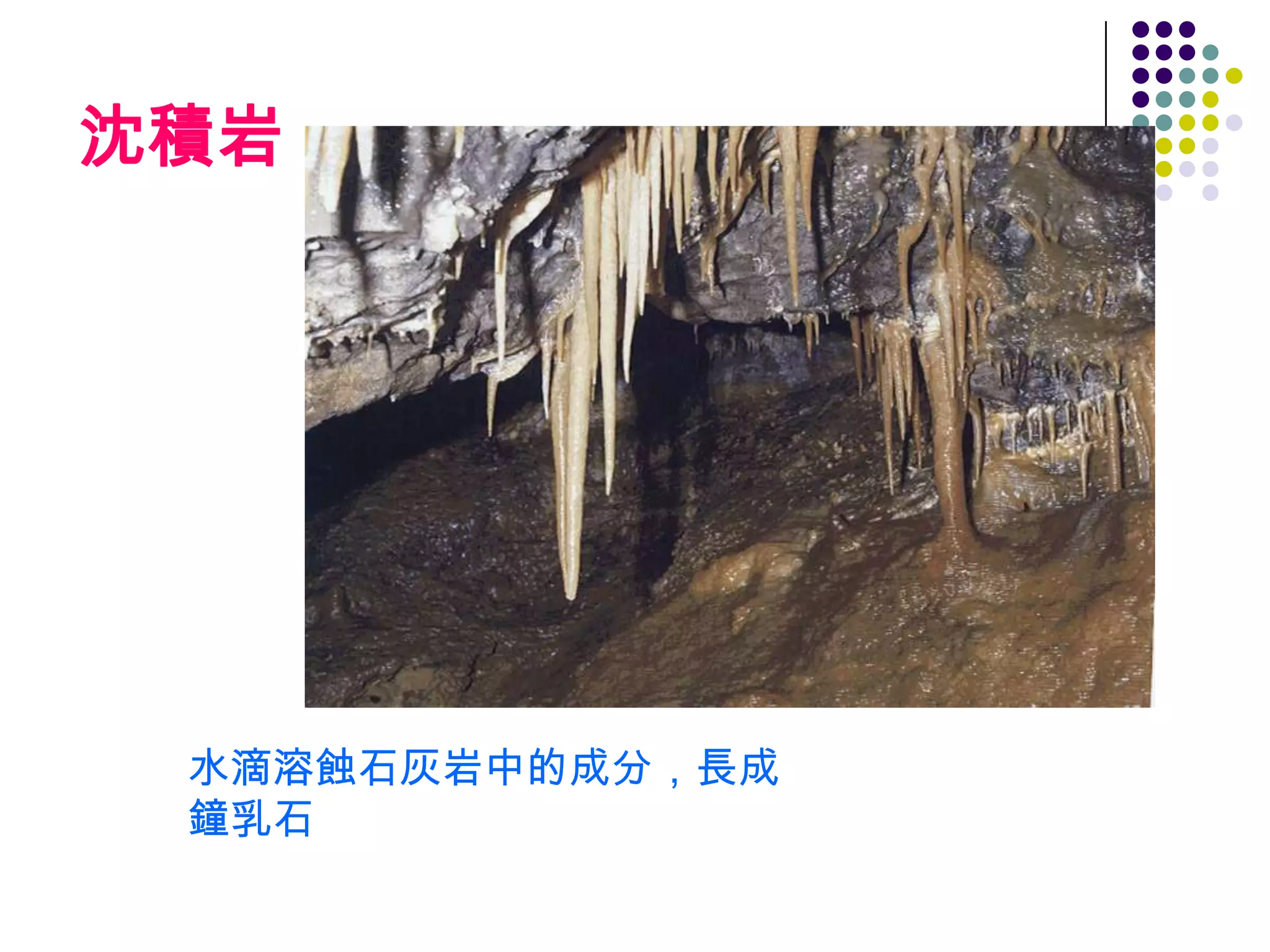 沈積岩




 水滴溶蝕石灰岩中的成分，長成
 鐘乳石
 