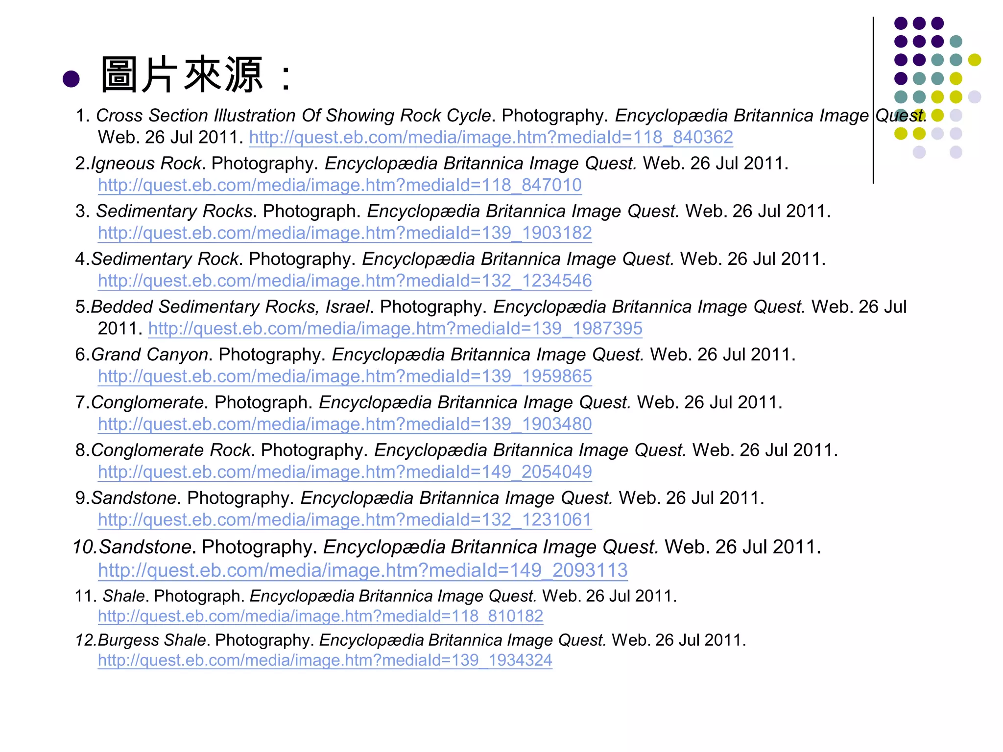    圖片來源：
1. Cross Section Illustration Of Showing Rock Cycle. Photography. Encyclopædia Britannica Image Quest.
   Web. 26 Jul 2011. http://quest.eb.com/media/image.htm?mediaId=118_840362
2.Igneous Rock. Photography. Encyclopædia Britannica Image Quest. Web. 26 Jul 2011.
   http://quest.eb.com/media/image.htm?mediaId=118_847010
3. Sedimentary Rocks. Photograph. Encyclopædia Britannica Image Quest. Web. 26 Jul 2011.
   http://quest.eb.com/media/image.htm?mediaId=139_1903182
4.Sedimentary Rock. Photography. Encyclopædia Britannica Image Quest. Web. 26 Jul 2011.
   http://quest.eb.com/media/image.htm?mediaId=132_1234546
5.Bedded Sedimentary Rocks, Israel. Photography. Encyclopædia Britannica Image Quest. Web. 26 Jul
   2011. http://quest.eb.com/media/image.htm?mediaId=139_1987395
6.Grand Canyon. Photography. Encyclopædia Britannica Image Quest. Web. 26 Jul 2011.
   http://quest.eb.com/media/image.htm?mediaId=139_1959865
7.Conglomerate. Photograph. Encyclopædia Britannica Image Quest. Web. 26 Jul 2011.
   http://quest.eb.com/media/image.htm?mediaId=139_1903480
8.Conglomerate Rock. Photography. Encyclopædia Britannica Image Quest. Web. 26 Jul 2011.
   http://quest.eb.com/media/image.htm?mediaId=149_2054049
9.Sandstone. Photography. Encyclopædia Britannica Image Quest. Web. 26 Jul 2011.
   http://quest.eb.com/media/image.htm?mediaId=132_1231061
10.Sandstone. Photography. Encyclopædia Britannica Image Quest. Web. 26 Jul 2011.
   http://quest.eb.com/media/image.htm?mediaId=149_2093113
11. Shale. Photograph. Encyclopædia Britannica Image Quest. Web. 26 Jul 2011.
   http://quest.eb.com/media/image.htm?mediaId=118_810182
12.Burgess Shale. Photography. Encyclopædia Britannica Image Quest. Web. 26 Jul 2011.
   http://quest.eb.com/media/image.htm?mediaId=139_1934324
 