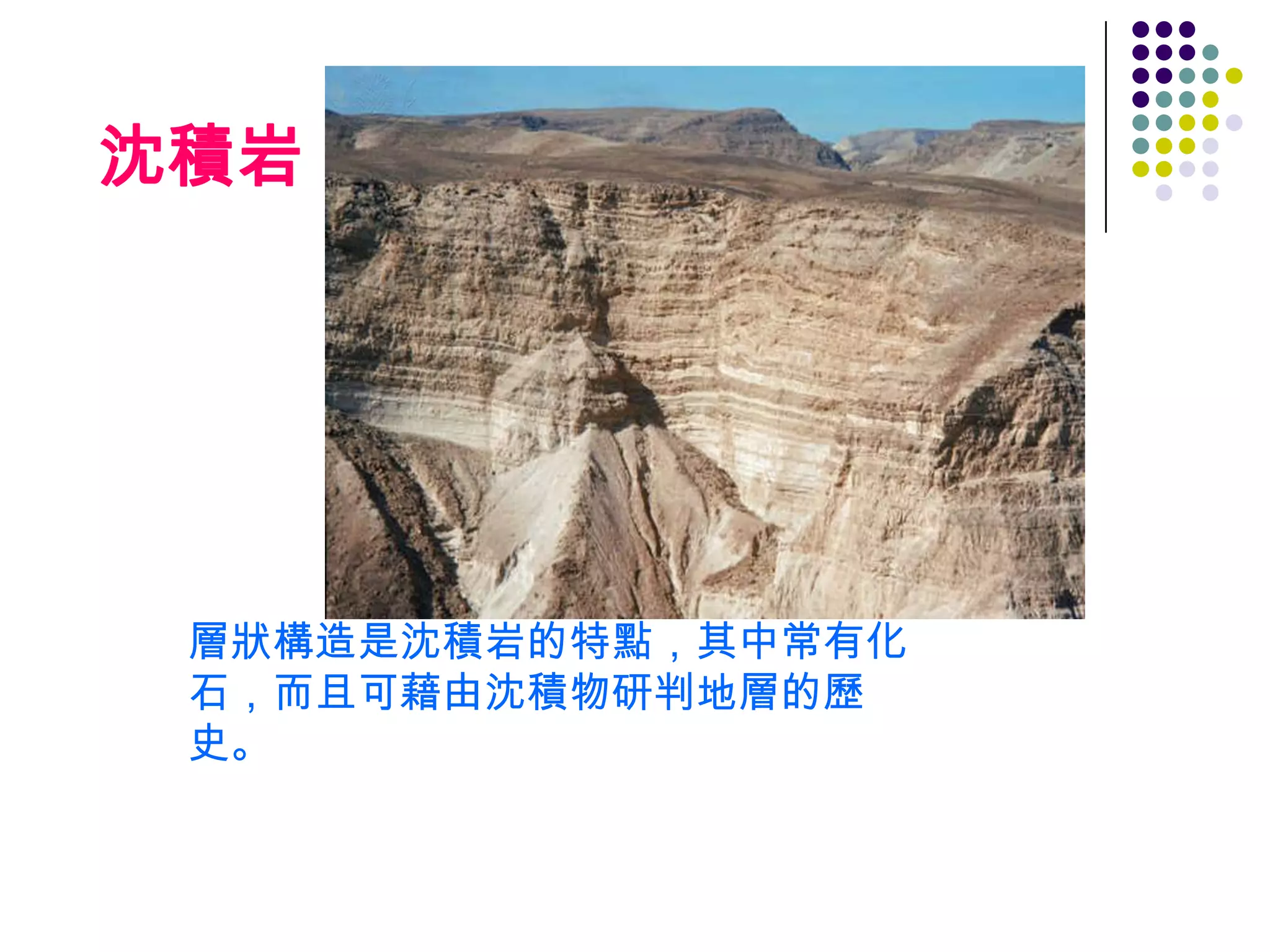 沈積岩




 層狀構造是沈積岩的特點，其中常有化
 石，而且可藉由沈積物研判地層的歷
 史。
 