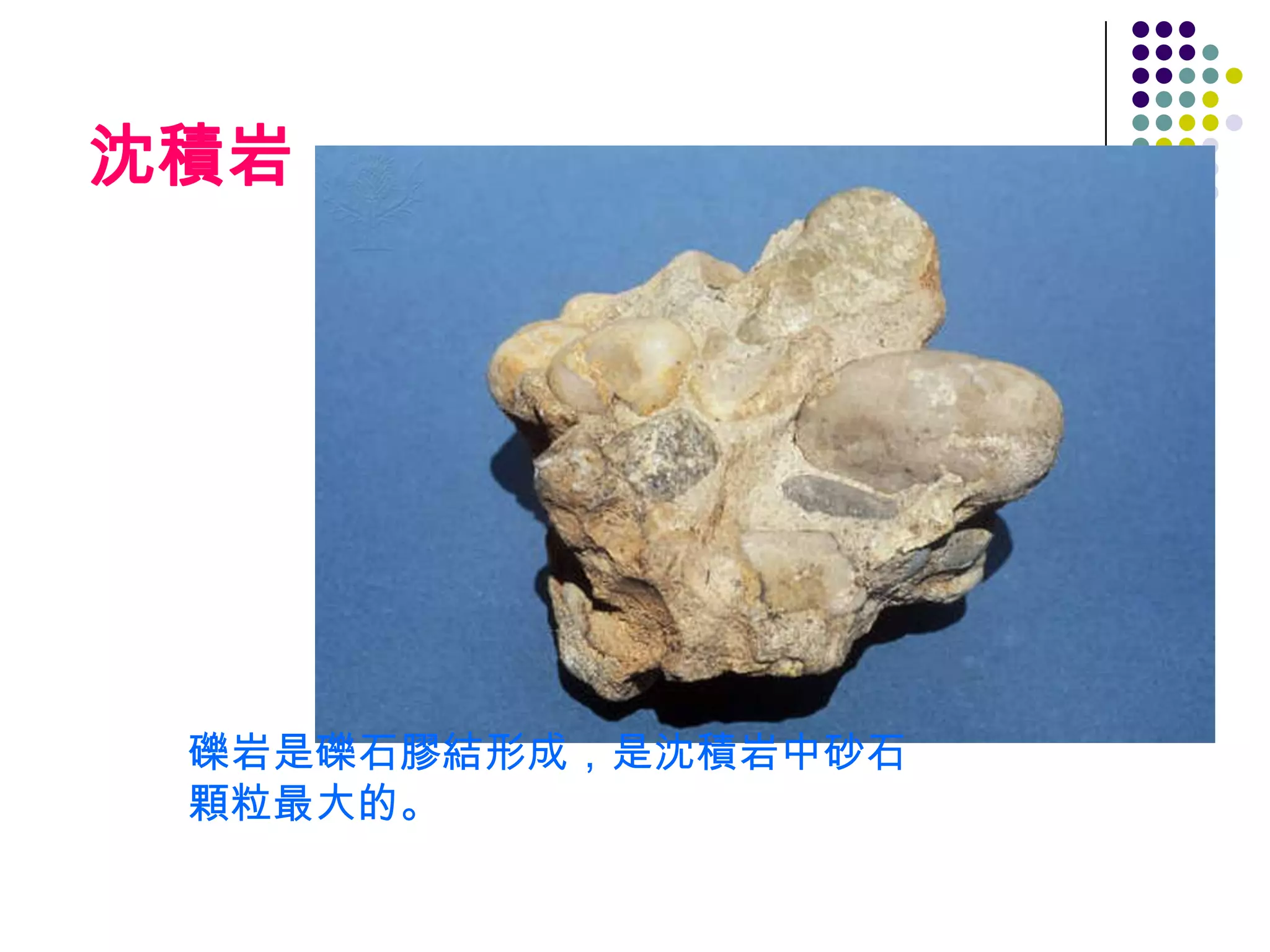 沈積岩




 礫岩是礫石膠結形成，是沈積岩中砂石
 顆粒最大的。
 