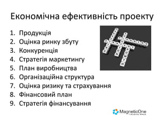 Економічна ефективність проекту Продукція Оцінка ринку збуту Конкуренція Стратегія маркетингу План виробництва Організаційна структура Оцінка ризику та страхування Фінансовий план Стратегія фінансування 